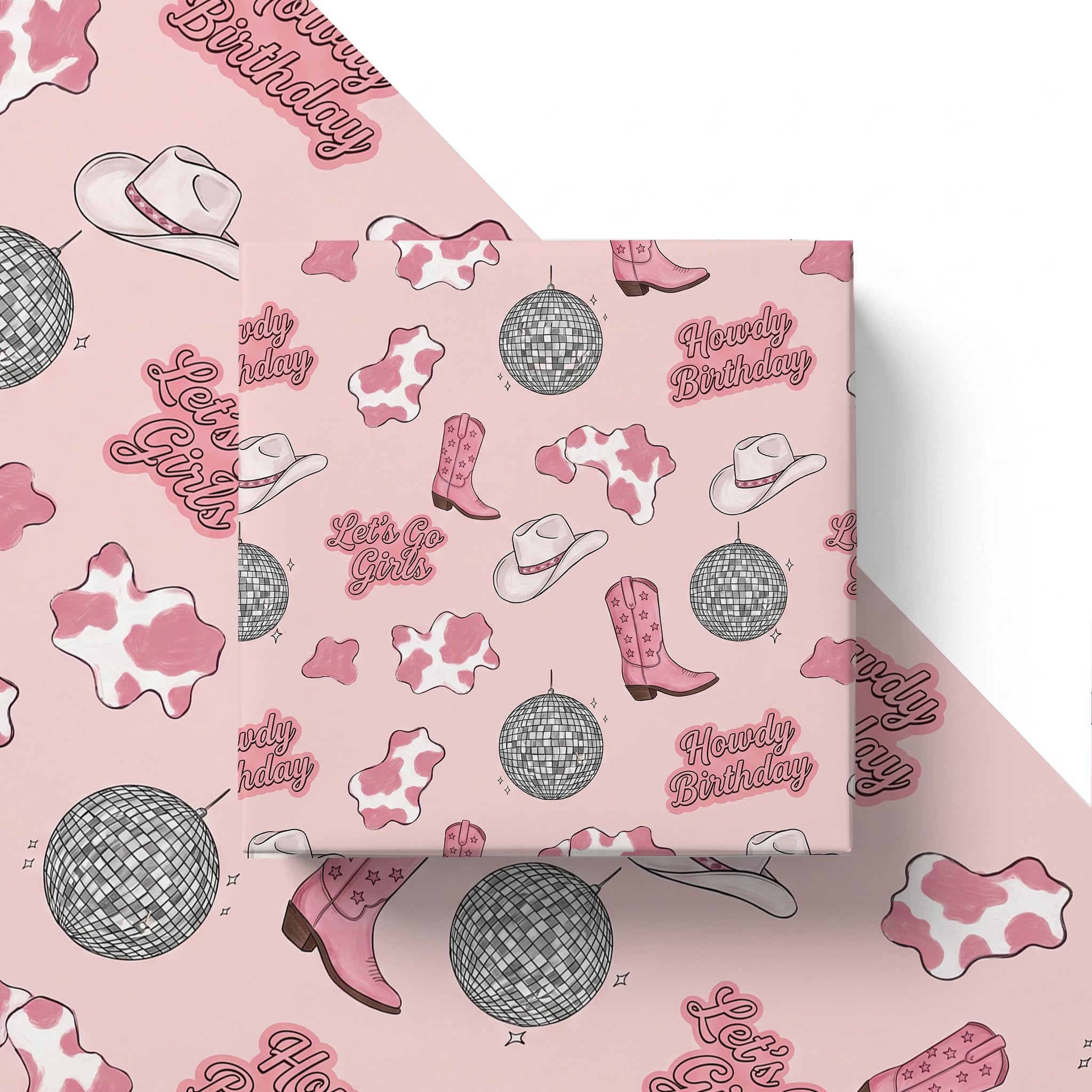 Pink Disco Cowgirl Boot Birthday Wrapping Paper Folded Sheets, 120GSM Thick Kraft Wrapping Paper for Women Girls, Western Cow Print Present Packaging for Bachelorette Teen, 2 Pack