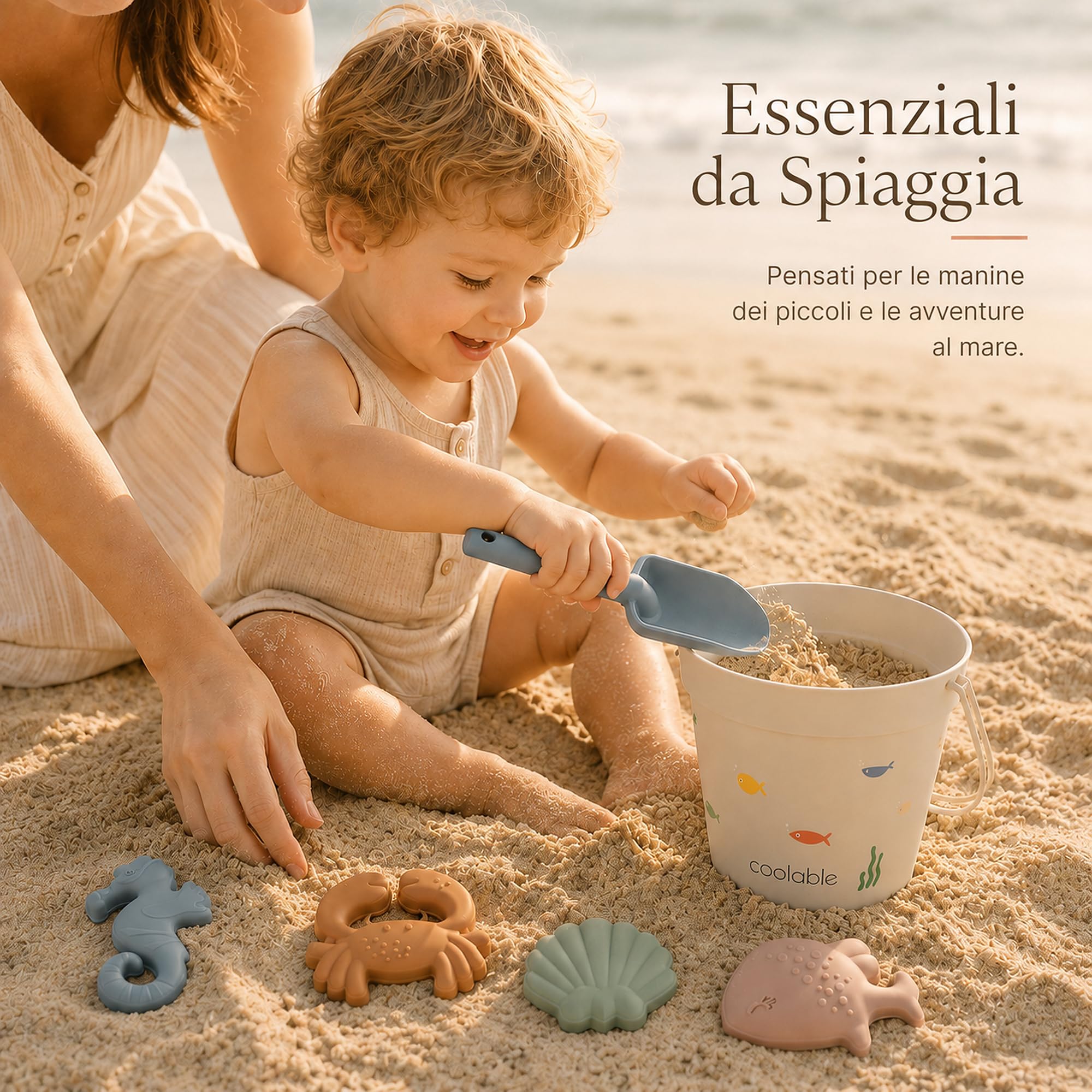 Set di 6 Giocattoli da Spiaggia in Silicone per Bambini - Secchiello Pieghevole, Paletta, 4 Formine e Borsa a Rete - Creature Marine