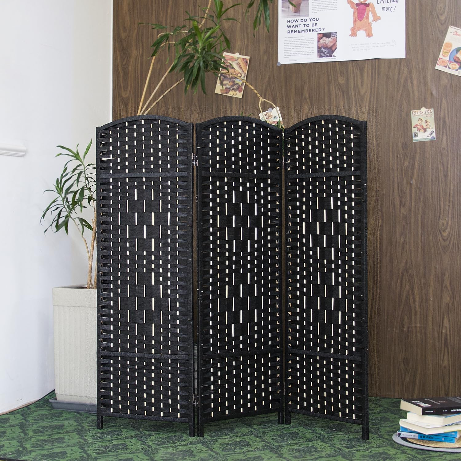 Furnnylane 3 Panel Black Rattan Divider Short Room Partition Screen,Double Sided Short Folding Divider for Room Separation,120 cm Tall