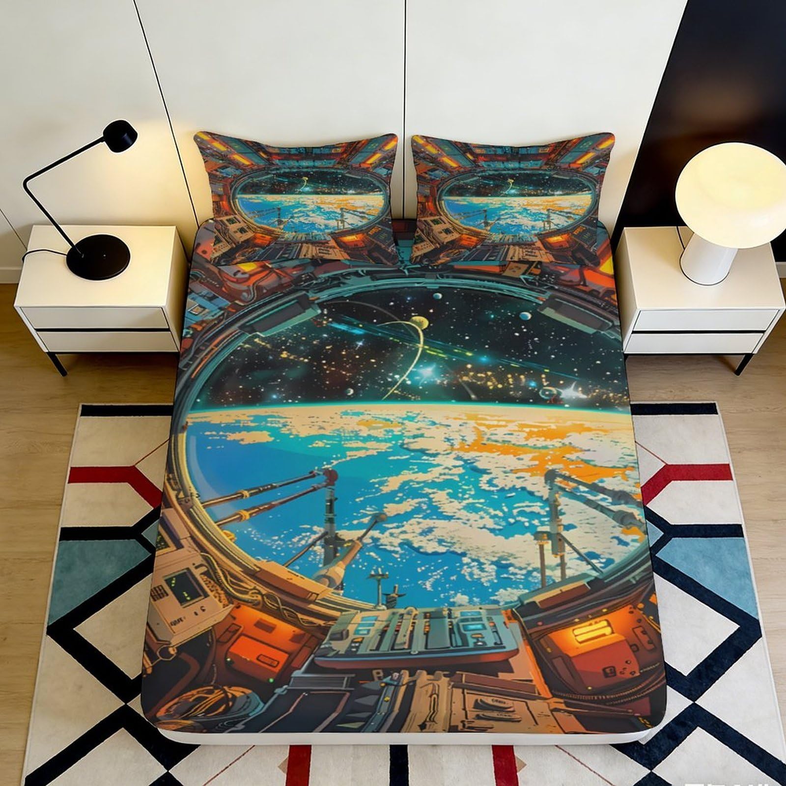 3D Printed Space Station View Fitted Sheet Microfiber Bedroom Decor Earth Universe Mattress Cover Anti-Slip Machine Washable 90x200x25cm