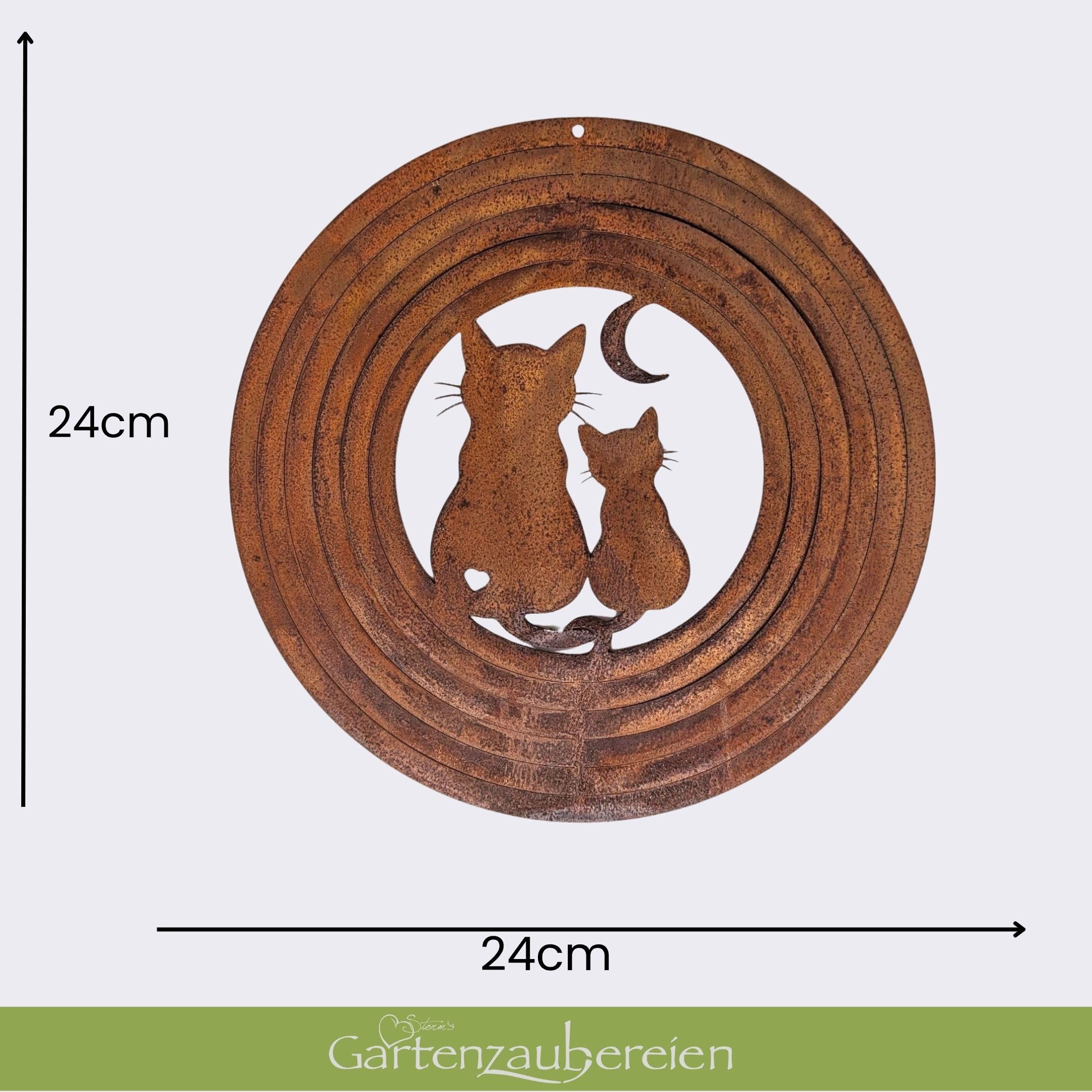 Windspiel aus Edelrost mit 2 Katzen - 3D Metall Windspiel für Garten - Balkon - Rostdeko Hängedeko - Geschenkidee für Katzenliebhaber - Ø ca. 24 cm