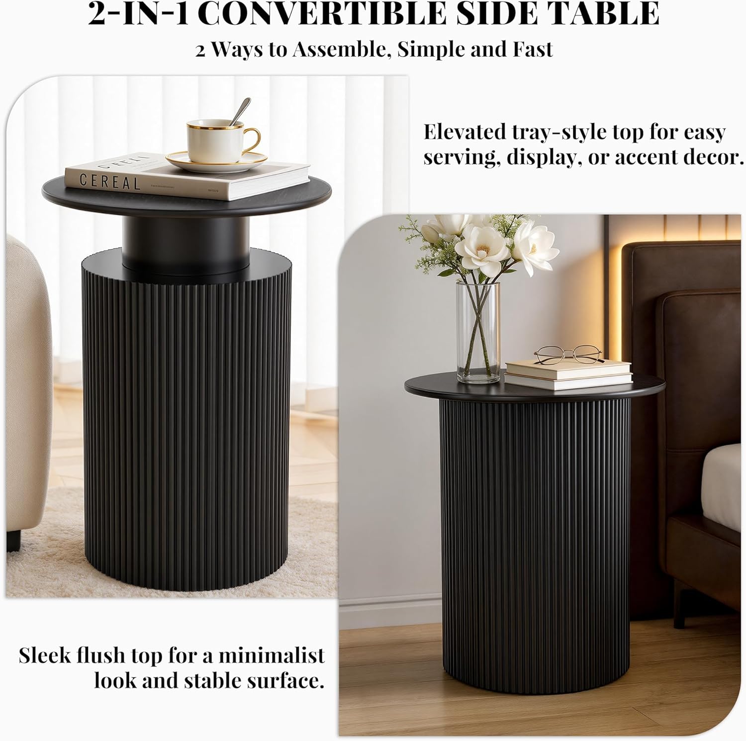 Round Side Table, 24" Fluted End Table with Storage, Mid Century Nightstand Modern Wood Bedside Accent Table, Farmhouse Circle End Tables for Home, Small Spaces, Bedroom, Living Room (Black)