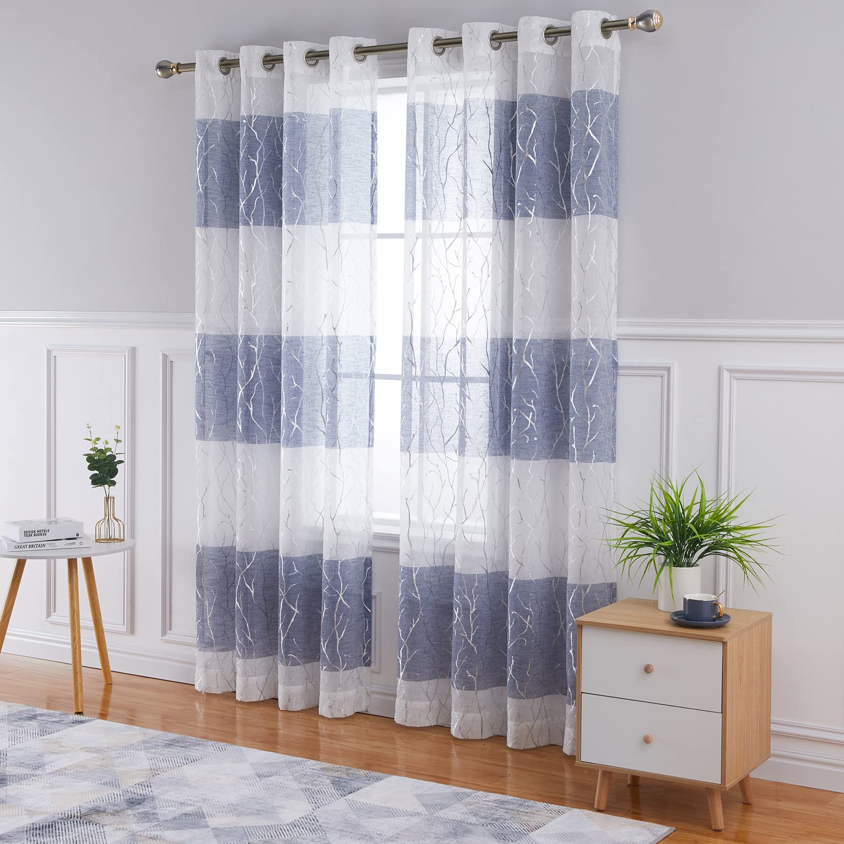 CAROMIO Navy Striped Curtains 95 Inch Length Sheer Voile Curtain Grommet Curtain Semi Sheer Curtain Panel for Bedroom Living Room Set of 2 Curtain Panels, 52 x 95 Inch, Navy Blue and White