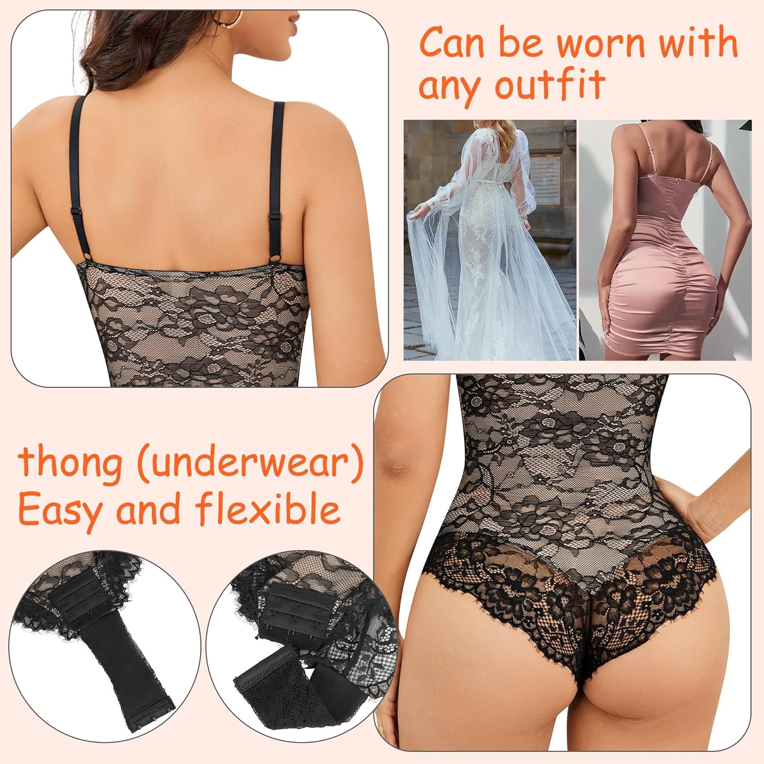 Vorcy Lace Bodysuit for Women Tummy Control Backless Top V-Neck Shapewear Bodysuit - Image 4