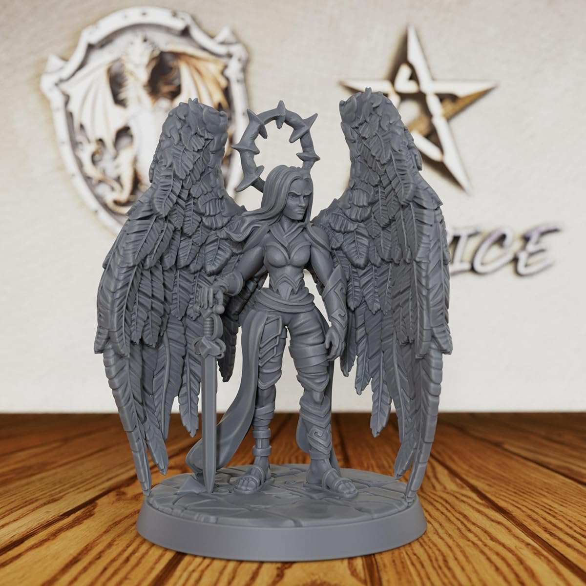 AUSPDICE Celestial Guardian Unpainted DND Angel Miniature for RPG AS387 | Fantasy Figure for Dungeon Masters: Armored Female Warrior with Wings, Thorn Halo and Longsword for TTRPG Divine Encounters