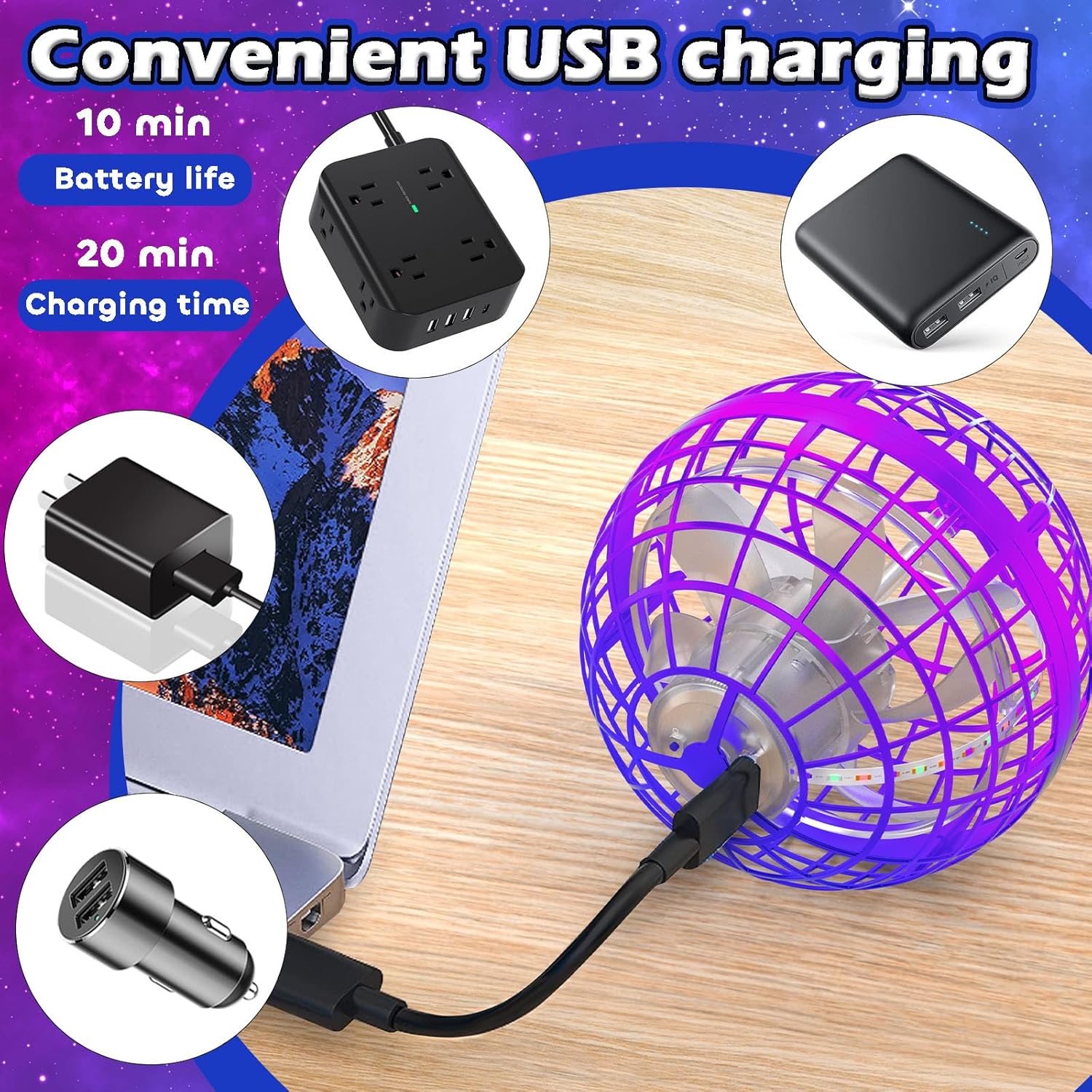 Tikduck Flying Orb Ball connected to a USB charger, illustrating the charging process.