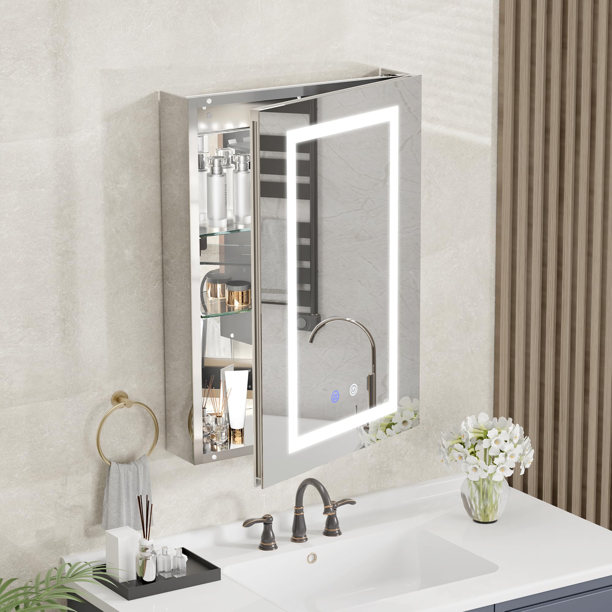 20x28x5.3 Inch Aluminum Medicine Cabinet with Lights for Bathroom, 2 Outlets & USBs, Built-In Sensing Light, Defog/3 Colors Temperature/Dimming, Adjustable Shelves, Wall Mount or Recessed, Right Hinge