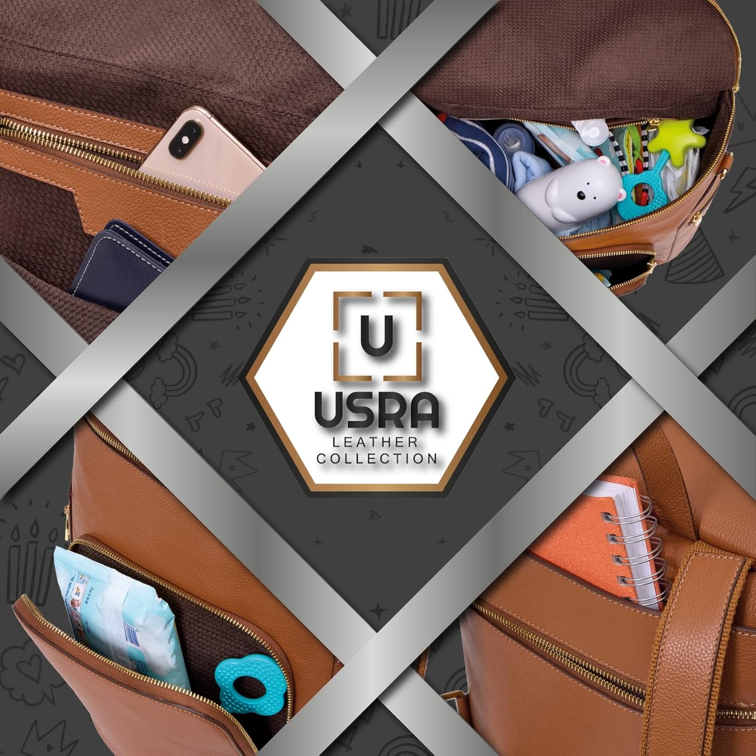 USRA Genuine Leather Diaper Bag handbag backpack for moms Durable quality functional maternity bag organizer (Brown)
