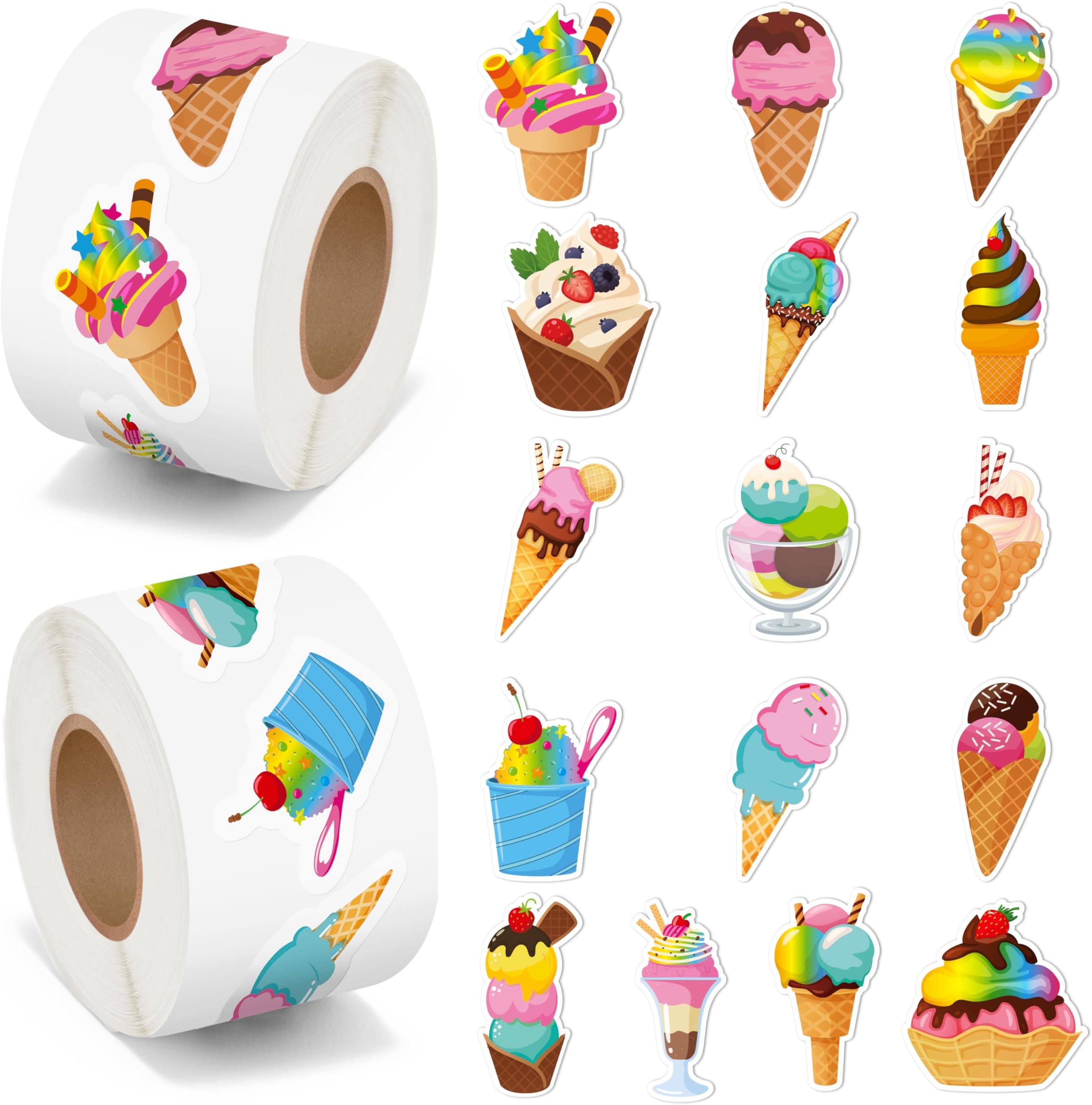 BeYumi Summer Ice Cream Stickers - 1000Pcs Ice Cream Stickers in 2 Rolls Waterproof Vinyl Sweets Themed Cute Dessert Decals for Gift Laptop Bottle Scrapbooking Luggage Computer Envelope Decor for Kids