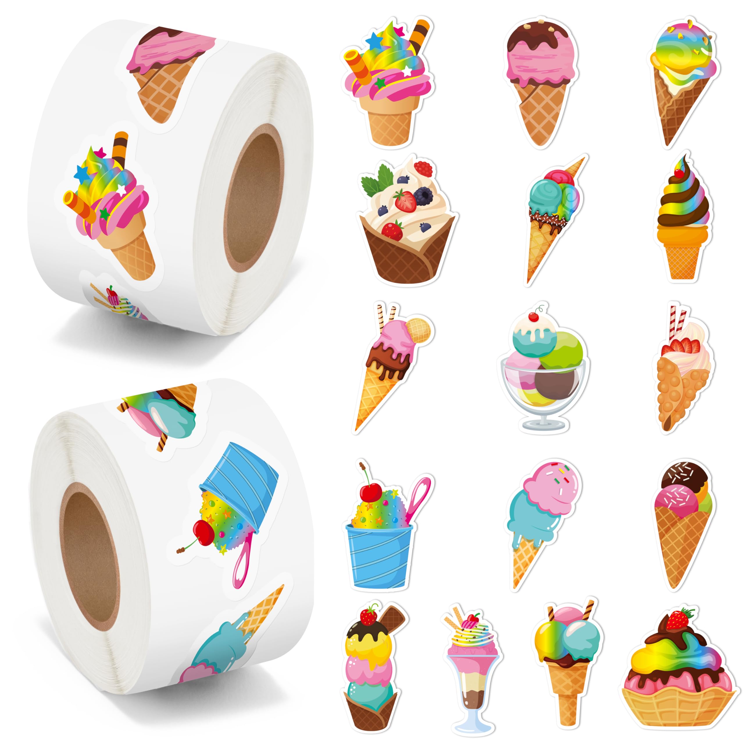 BeYumi Summer Ice Cream Stickers - 1000Pcs Ice Cream Stickers in 2 Rolls Waterproof Vinyl Sweets Themed Cute Dessert Decals for Gift Laptop Bottle Scrapbooking Luggage Computer Envelope Decor for Kids