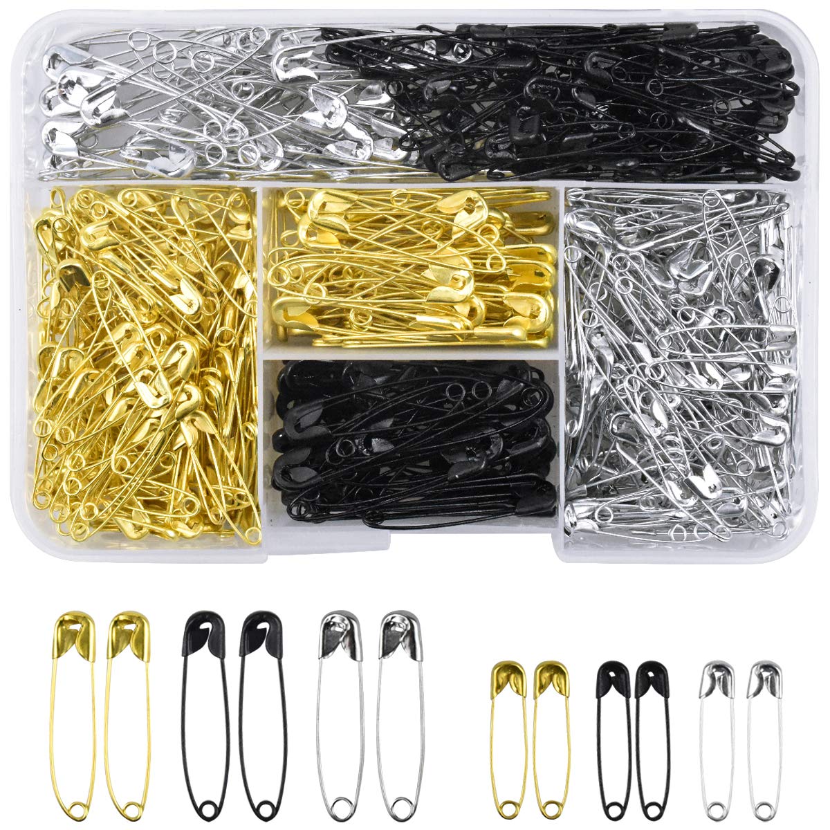 550 Pieces Safety Pins (Gold, Silver, Black) 2 Sizes Nickel Plated Pins for Arts Crafts, Pinning, Sewing, Fastening, Securing Clothing, Crafting and Household Use