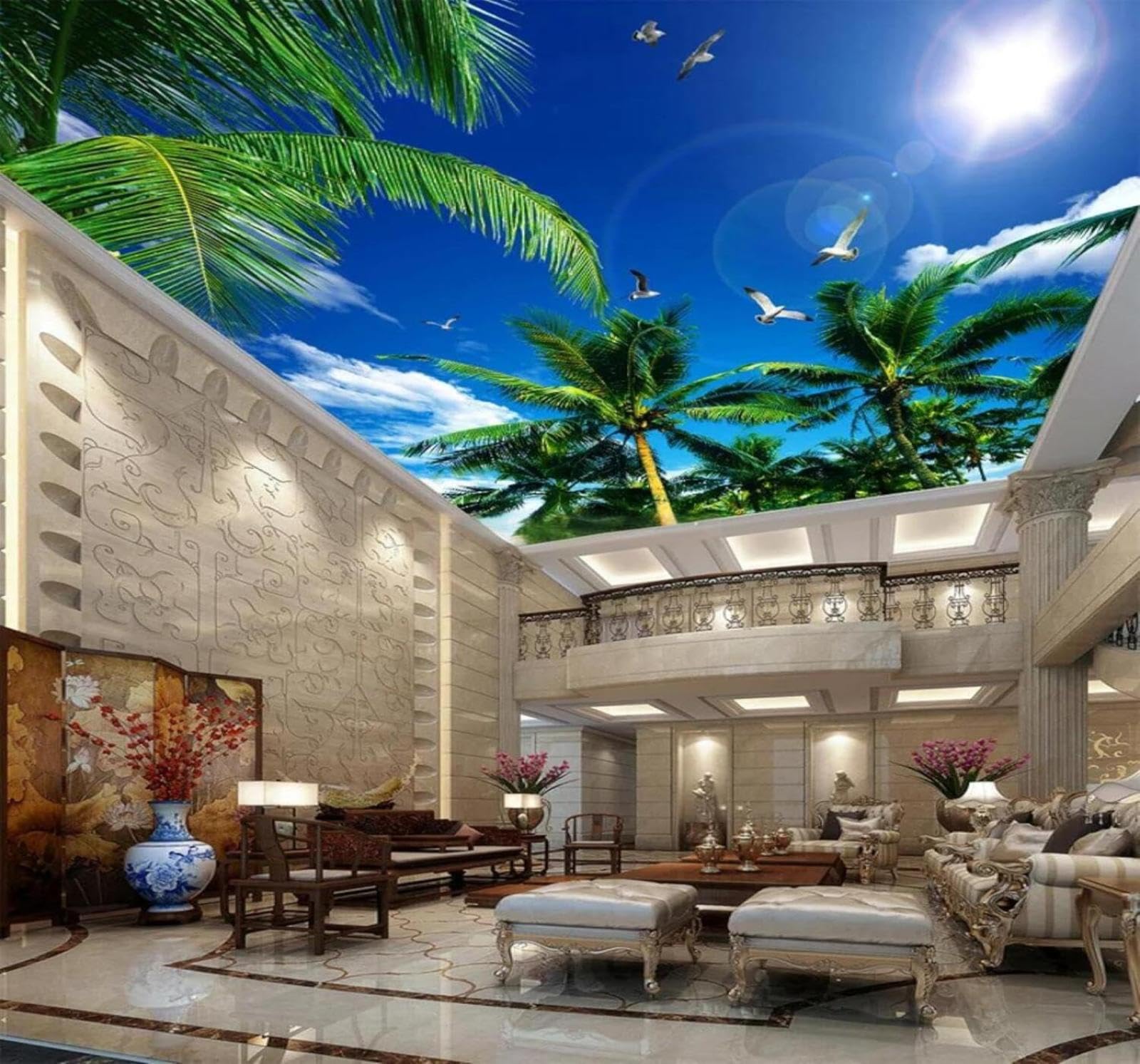 Tzxztt Blue Sky White Clouds Coconut Trees Seagulls Natural Scenery Modern 3D Wallpaper Premium Textured Silk Neutral Tones Material Ideal for Living Room Bedroom-300cm×210cm