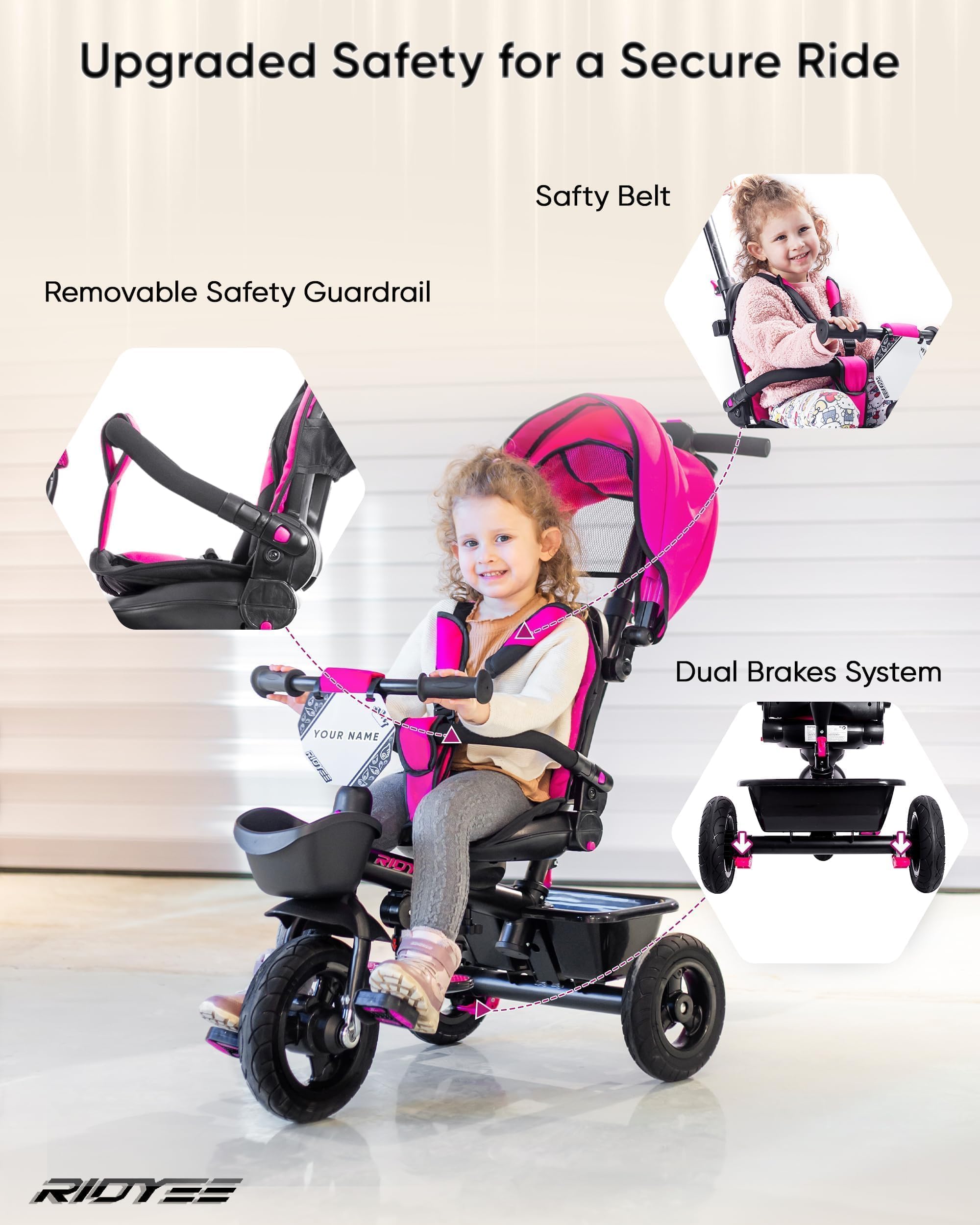 RIDYEE - Triciclo 7 en 1 para 18 meses a 5 años, neumáticos de goma todo terreno, frenos de rueda dobles, asiento giratorio para niños de 1.5 a 3, triciclo para niños de 3 a 5 años con calcomanías