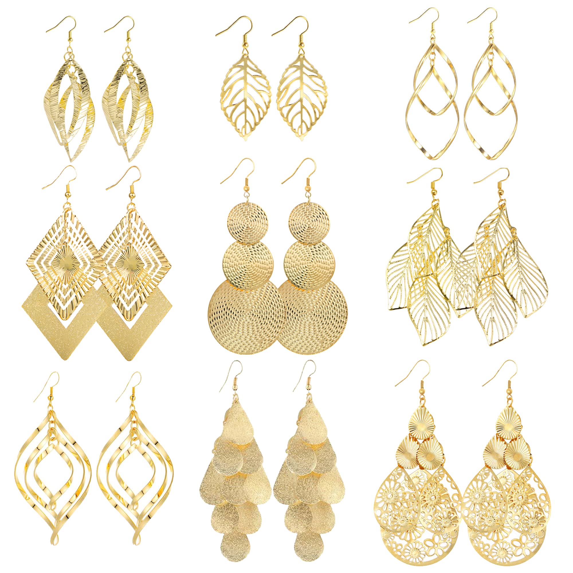 ASH'S CHOICE Pendientes Colgantes Para Mujer y Niña, Juego De Pendientes Bohemios Con Varios Ganchos, Redondos/Prisma/Pluma/Cadena/Ondulado Trenzado Simple/Doble Cordón/Flor/Corazón/Hoja/Largo