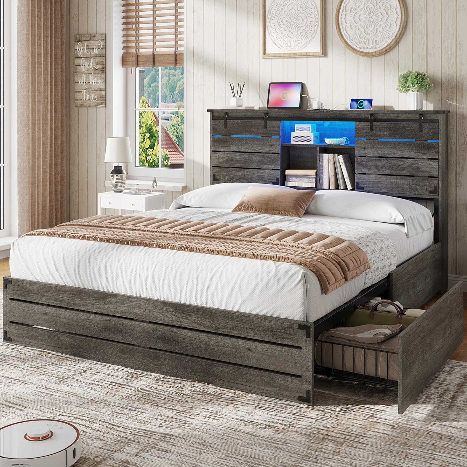 VIAGDO Wooden Bed Frame Full Size with Bookcase Headboard and Sliding Barn Door Farmhouse Bed Frame Full Size
