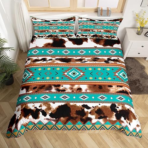 Miniatura 4 de Juego de funda de edredón de piel de vaca, estampado de vaca de las tierras altas, tamaño Queen, funda de edredón tribal azteca occidental, 3 piezas