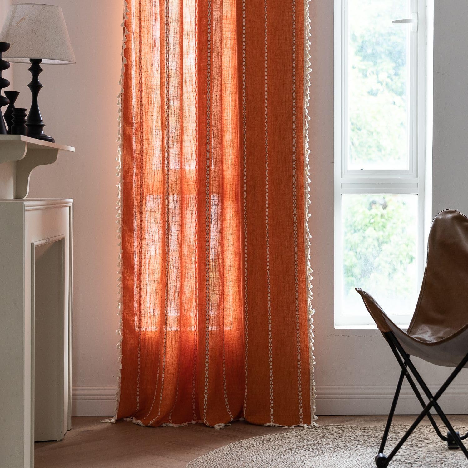 Leinen-Vorhänge Mit Quasten, 2 Paneele Je 132 X 213 Cm – Boho-Stil, Halbtransparent, Burnt Orange