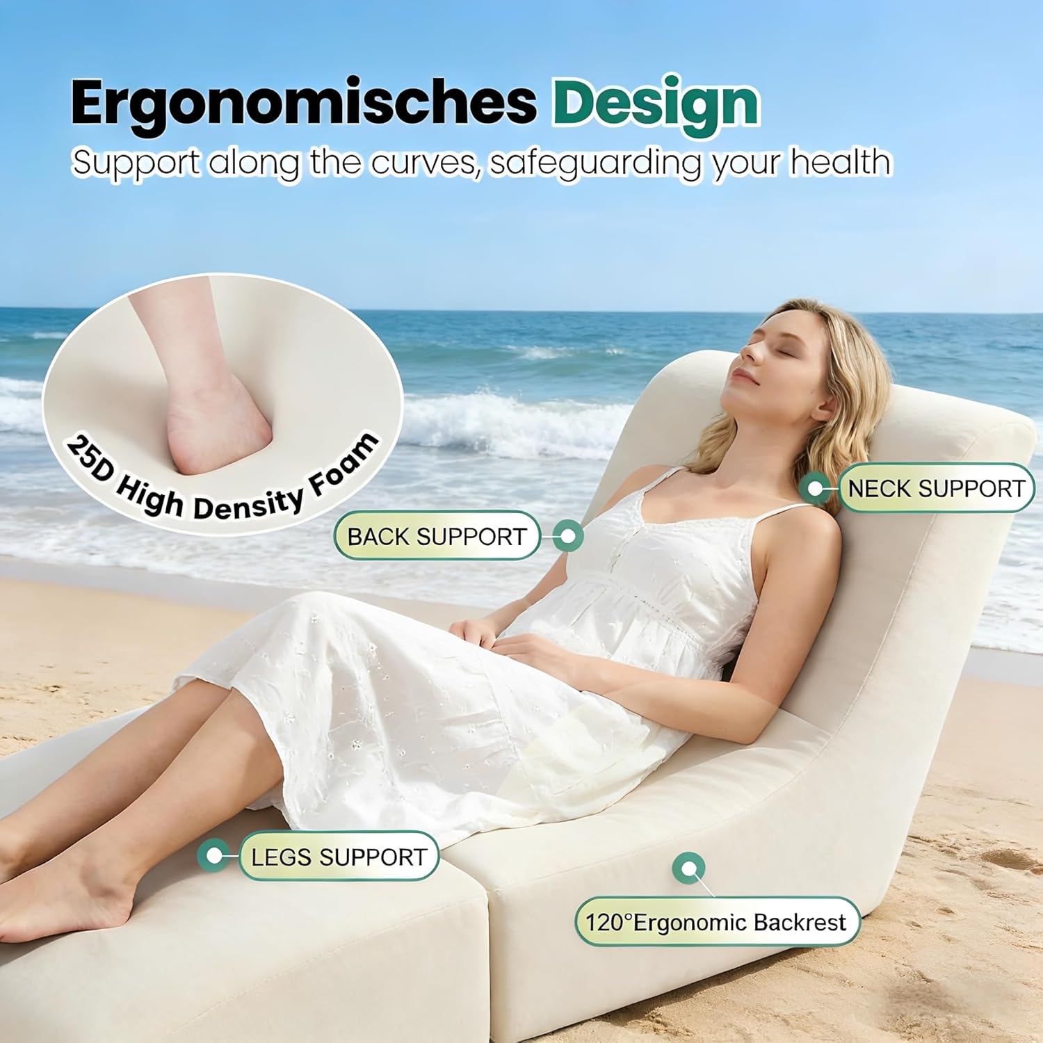 ZealWe Patio Lounge Chair Set of 2 Outdoor Bean Bag Chair with Back Support, Chaise Lounge Chair Waterproof Beach Bean Bag Couch for Adults, Memory Foam Filled for Poolside Balcony, Beige | water proof