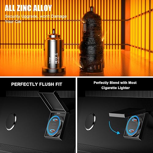 Miniatura 9 de Certificado MFi Cargador rápido para iPhone 15, 60 W, compacto de doble puerto USB C, adaptador de cargador rápido para automóvil, todo de metal,