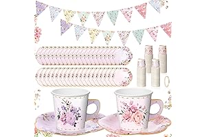 Umigy 98-Piece Tea Party Decorations with Floral Banner and Disposable Tea Cups and Saucers