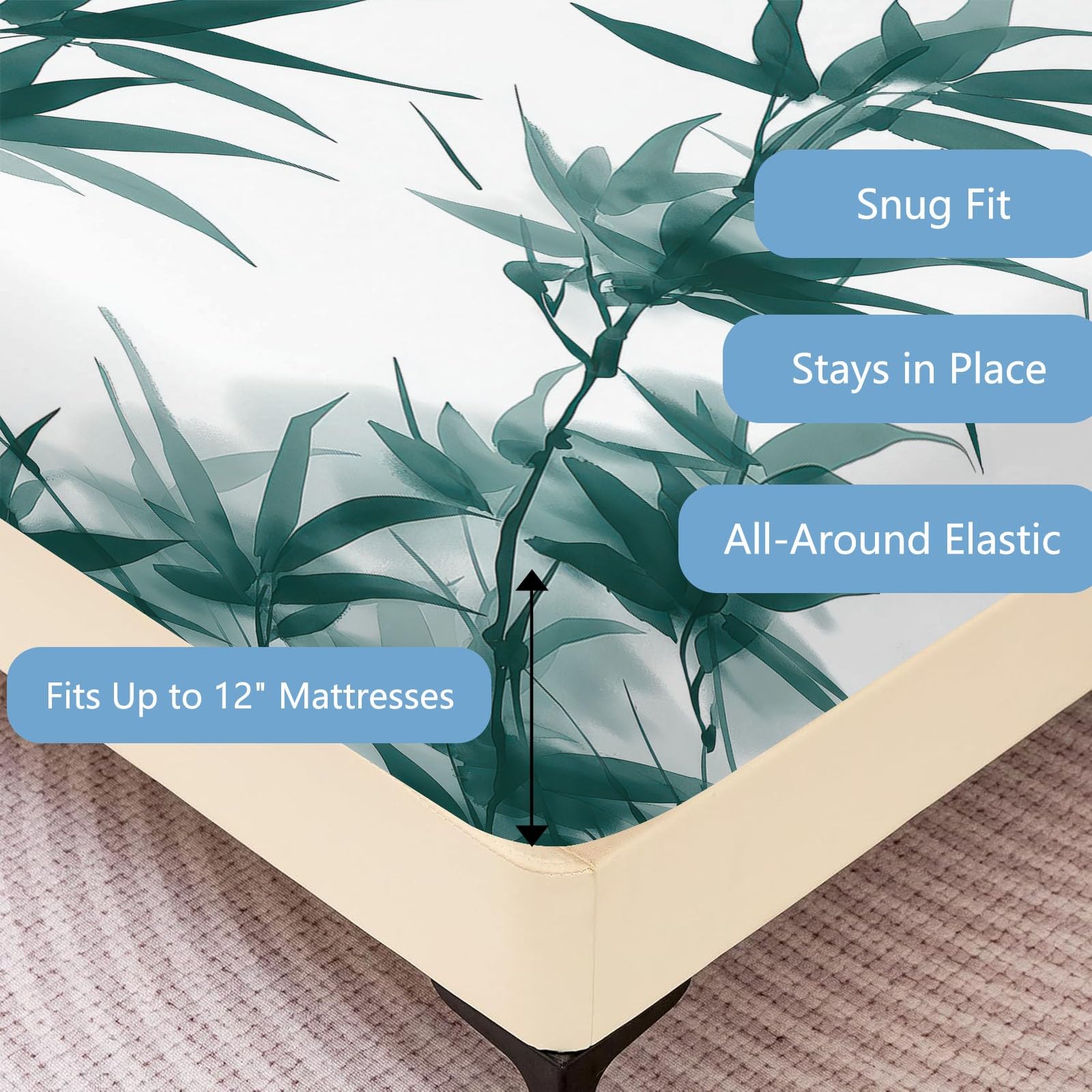 Sábanas de Bambú Golondrinas Sábana bajera Microfibra Esquina Profunda Ropa de Cama Chino Asiático Funda de Colchón Antideslizante Lavable para Adultos Adolescentes Dormitorio 200 x 200 cm