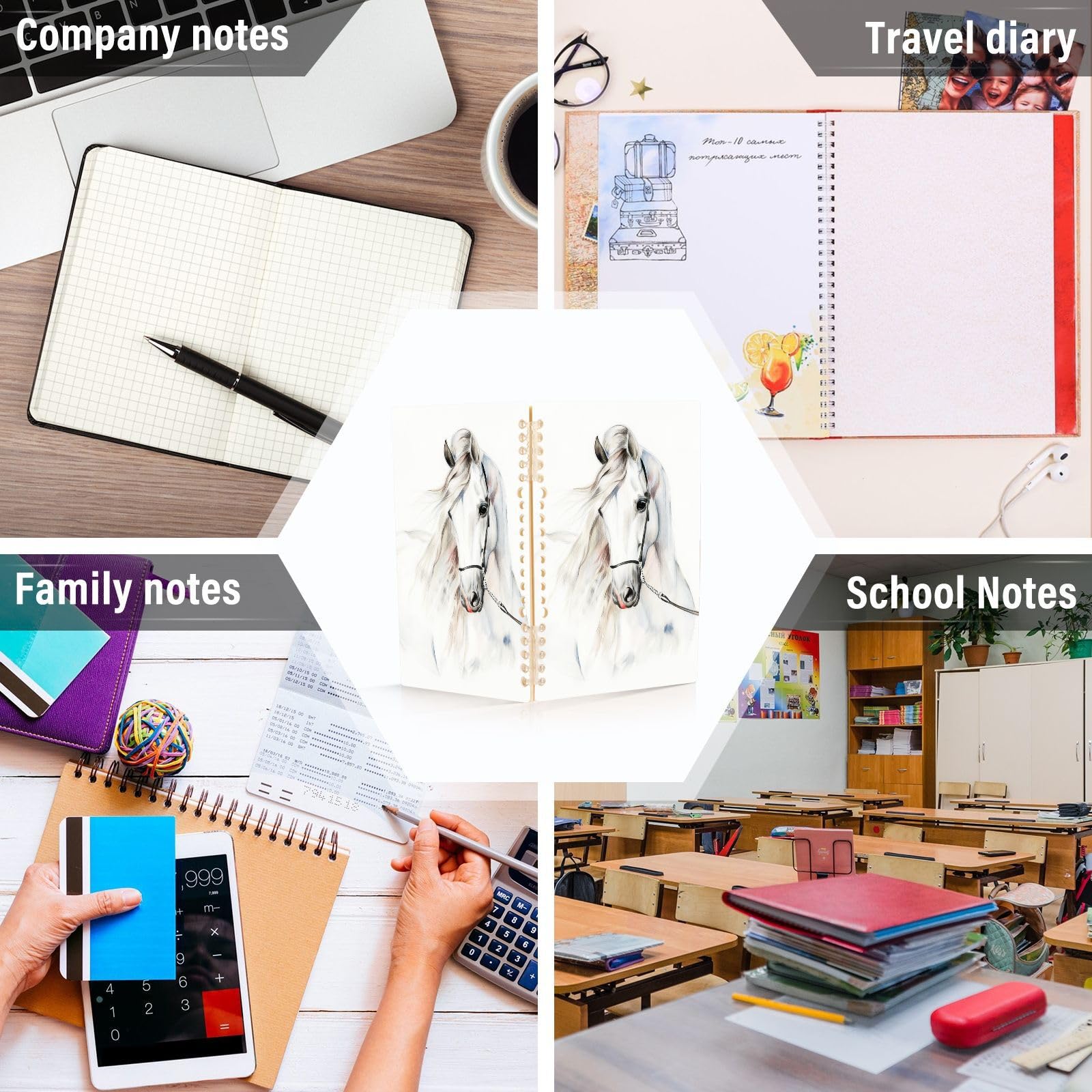 senya Cuaderno de espiral rayado, 2 piezas, diario de caballo blanco para estudio y notas, 60 páginas con tapa dura duradera