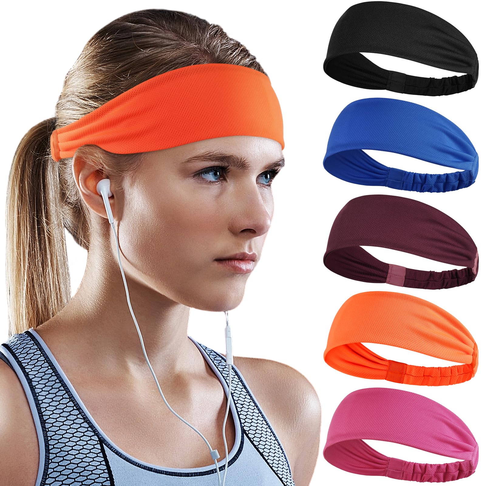 beister Sweat Headbands for Women &amp; Men, 5 Pack Sports Hair Bands
