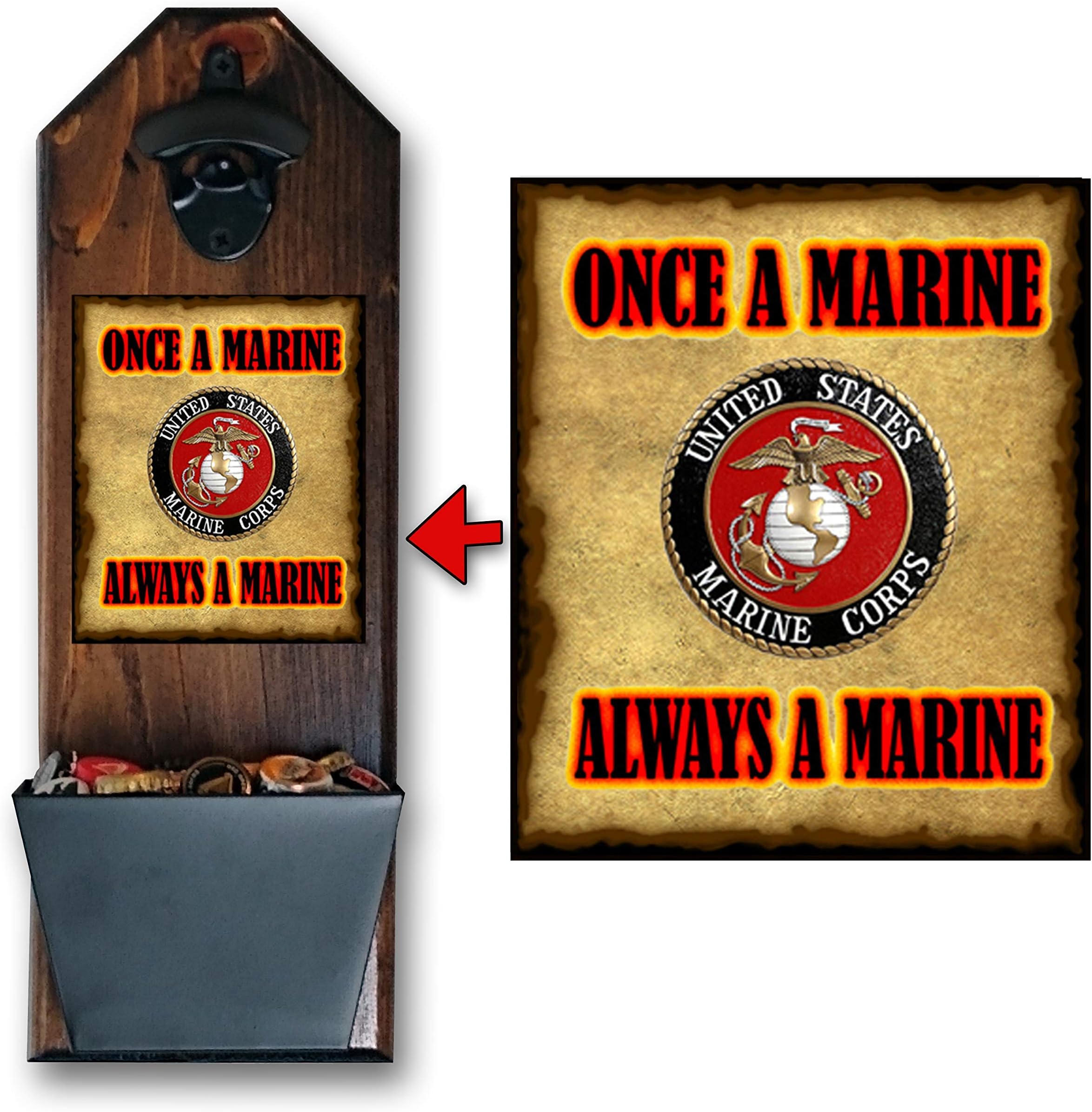 Marine Corps Bottle Opener and Cap Catcher, Wall Mounted - Handcrafted by a Vet - 100% Solid Pine 3/4" Thick - Officially Licensed # 19527 - Great Father's Day Gift