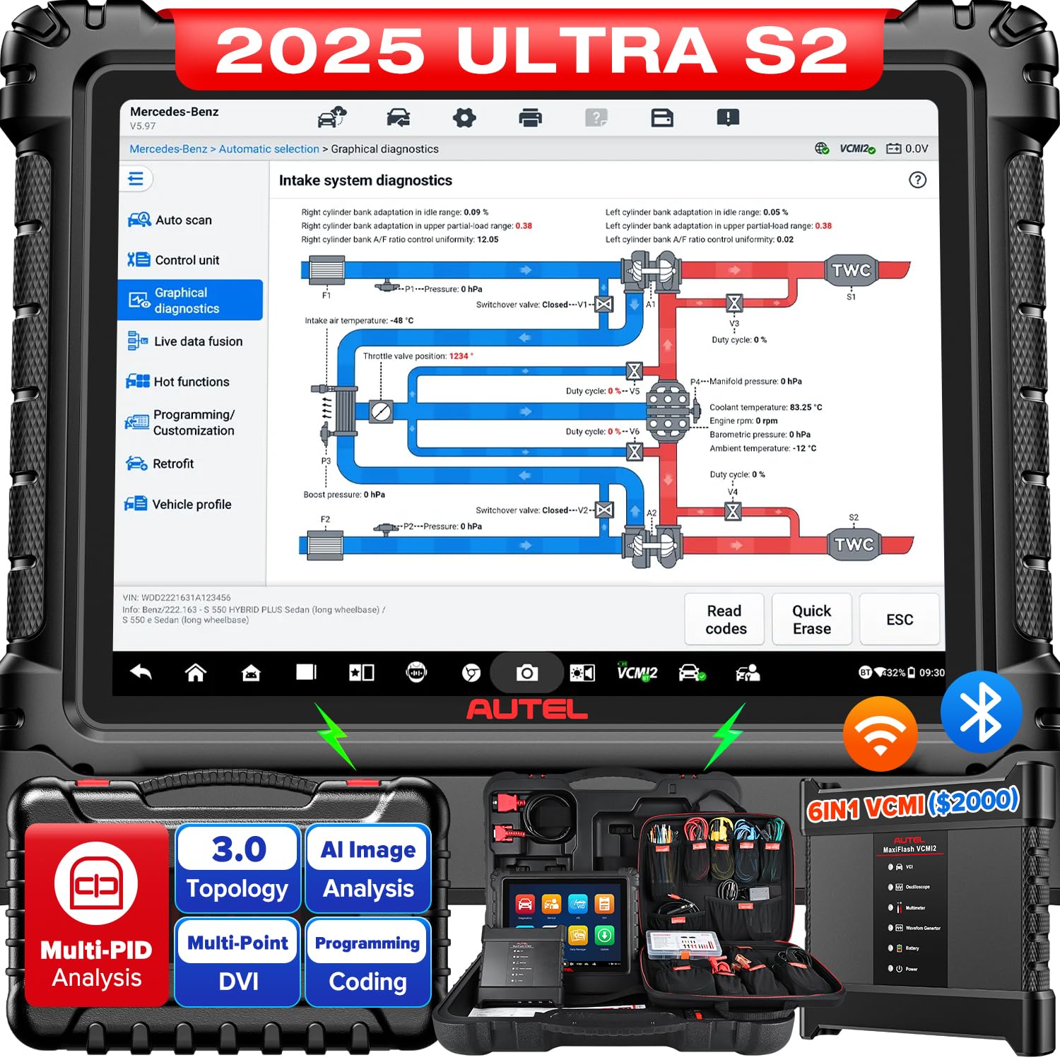 AutelMaxiSYS Ultra S2 Top AI Intelligent Scanner, 2025 UltraS2 Upgrade of MSUltra MS919 Scan Tool, 6in1 VCMI2, 3.0 Topology, Multi-Point DVI, Motor Truspeed, EV Test, 48 Service, Programming Coding
