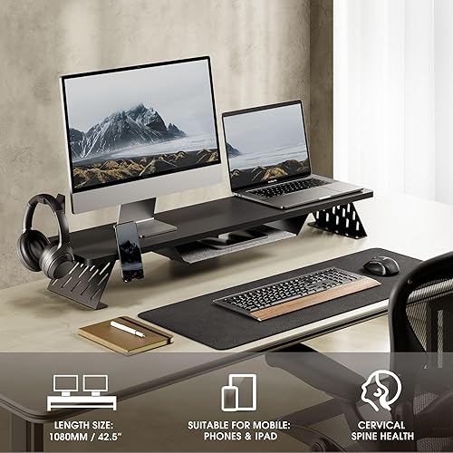 Miniatura 2 de Fenge Soporte de monitor doble, elevador de monitor de 42.5 pulgadas para escritorio, estante de escritorio de madera para 2 monitores, estante de