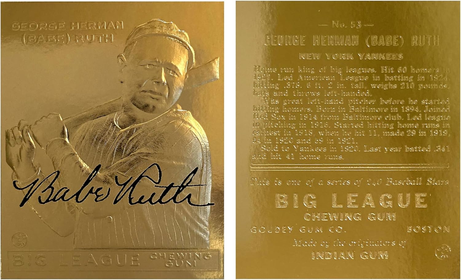 WCG Babe Ruth 1933 Goudey Topps Gold Card Sculptured Italy Ubuy