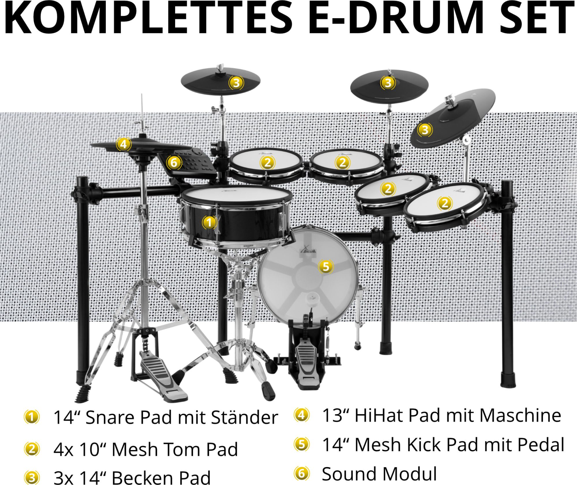 XDrum DD-650 PLUS Mesh E-Drum Kit: batería electrónica con HiHat real, pad caja y bombo de 14" madera, 720 sonidos, 20 kits preset y 20 usuario, incluye rack, Black Sparkle.