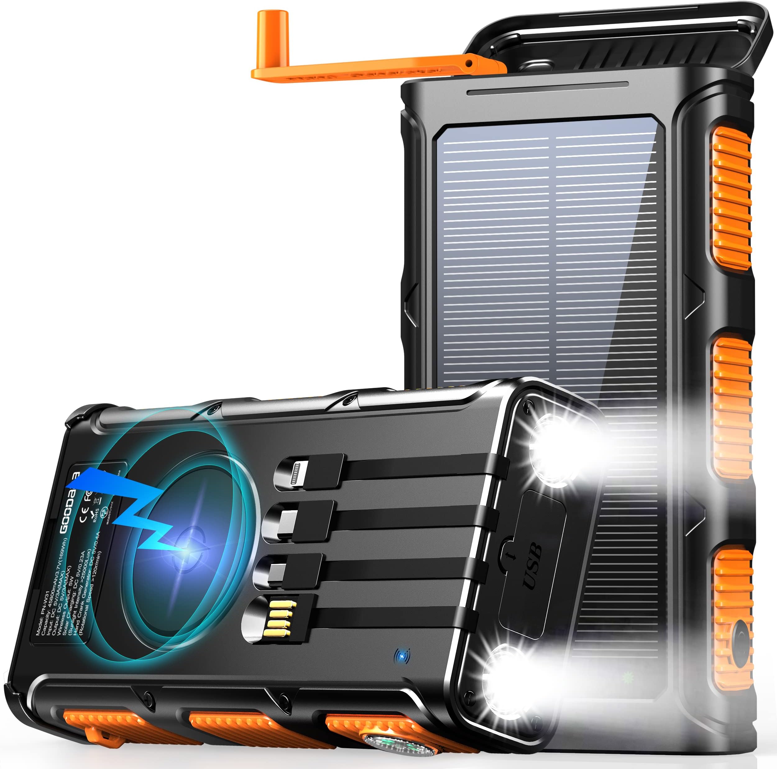 GOODaaa Power Bank Wireless Charger 45800mAh Built in Hand Crank and 4 Cables 15W Fast Charging Power Bank 7 Outputs & 4 Inputs Solar Portable Charger, SOS/Strobe/Strong Flashlights, CompassGlobal Recycled StandardGlobal Recycled StandardGlobal Recycled Standard