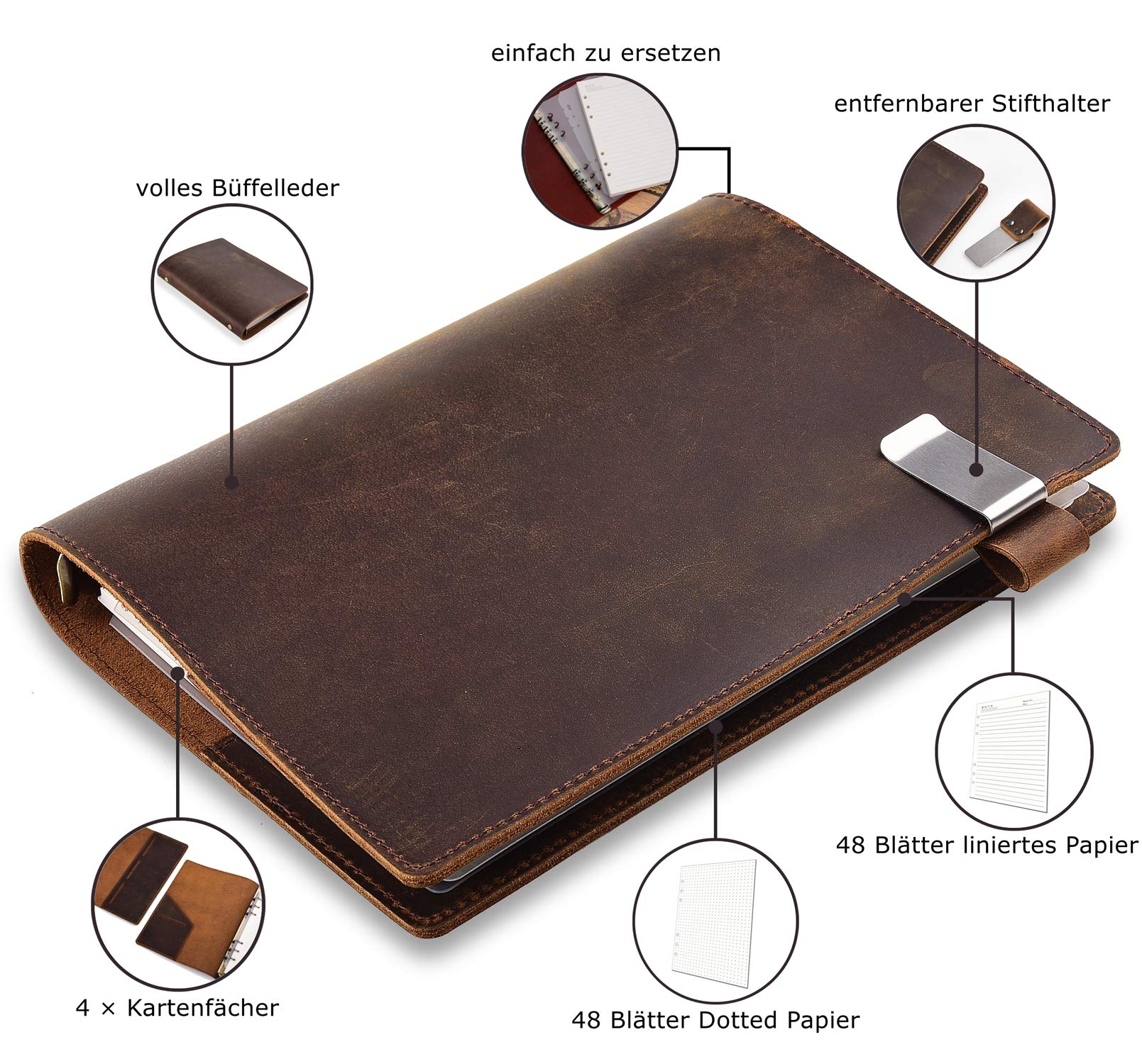 Anzhi Classeur à anneaux en cuir fait à la main, format A5, avec couverture en cuir, 23 x 17 cm, rechargeable, avec classeur à 6 anneaux