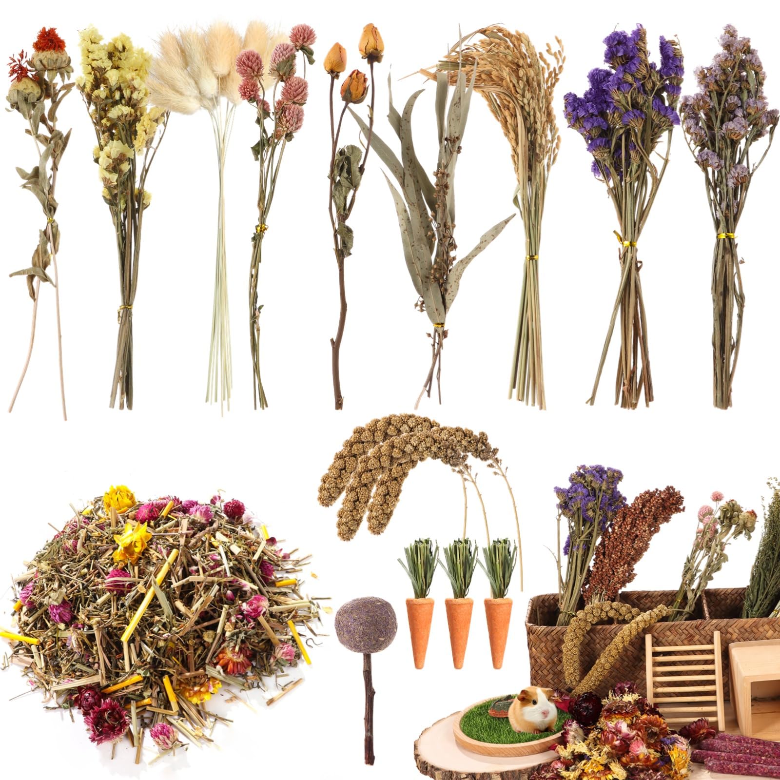 Homaisson Erbe naturali spray per criceti, decorazione per gabbia di criceti, semi di grano, fiori secchi per criceti, gerbilli siriani nani, porcellini d'India