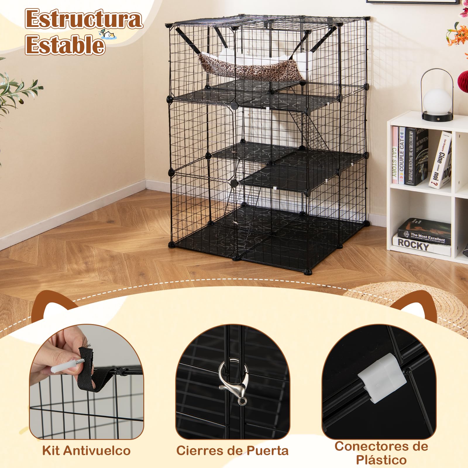 GYMAX Jaula Interior de 3 Niveles para Gatos, con Hamaca, 2 Escaleras, Panel Desmontable, Alambre Metálico y 3 Puertas Bloqueables, Apta para 1-3 Mascotas