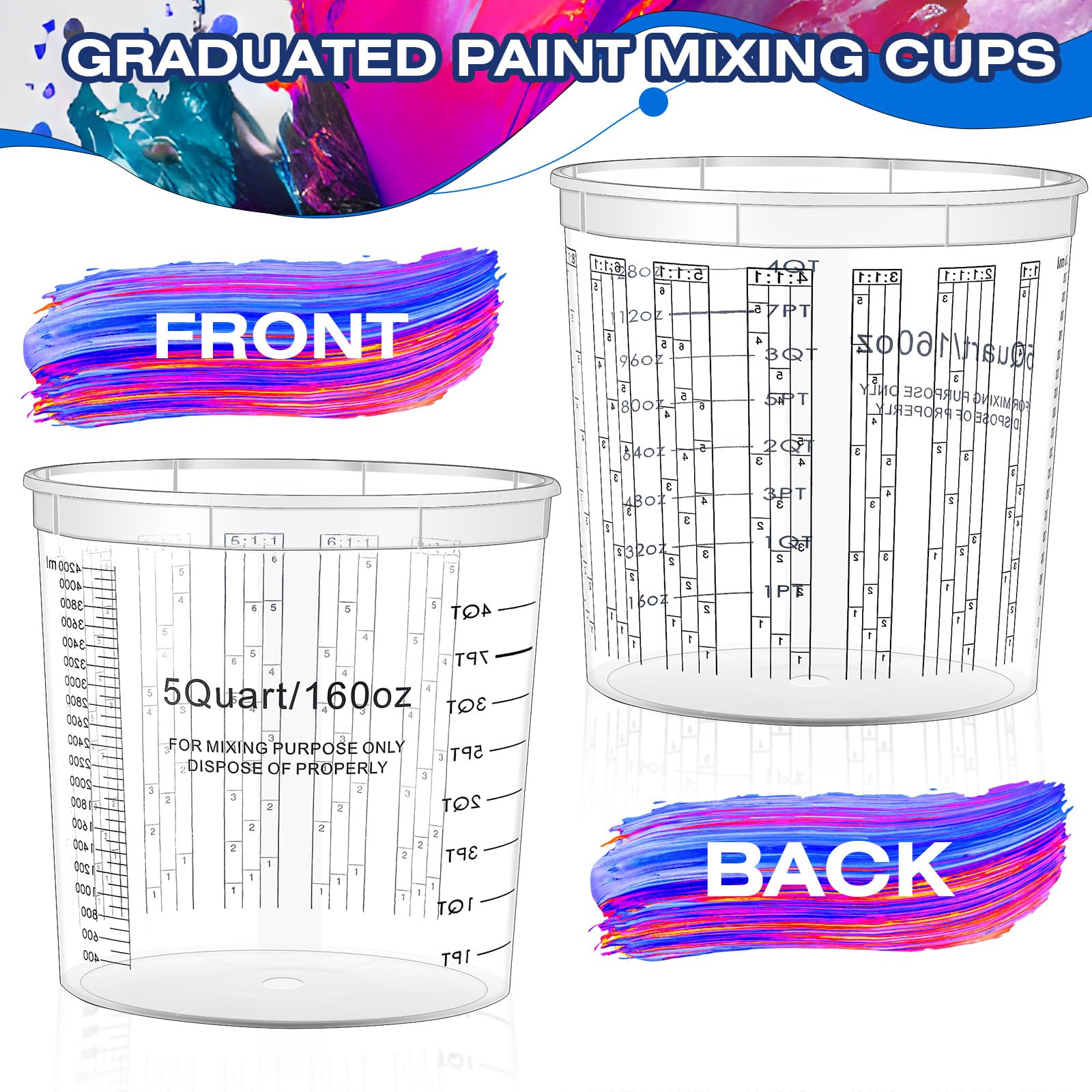 Mifoci 30 tazas graduadas de mezcla de pintura graduada de 167 onzas con tapas, cubo de mezcla de pintura transparente desechable de 5 cuartos de galón, tazas medidoras de plástico epoxi con