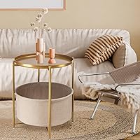 Vista 2 de danpinera Round Side Table with Fabric Storage Basket, Pack of 2, Metal Side Table Small Bedside Table Nightstand with Removable Tray Top for Living