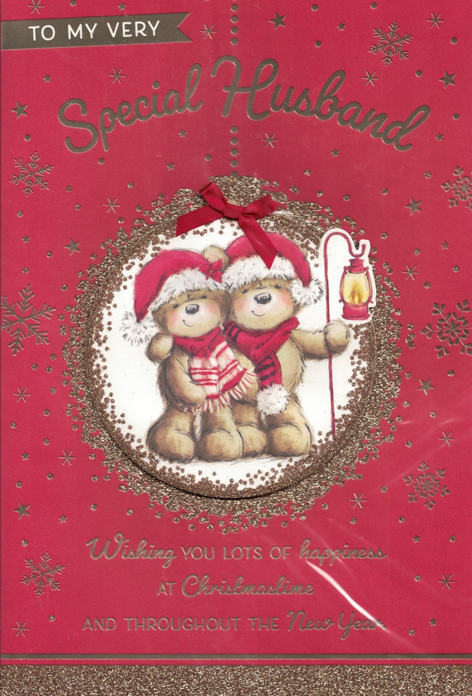 Large Luxury Christmas Card for Husband, Special Cute Bear Design with Glitter & 8 Page Insert, Xmas Greeting Card with Verse