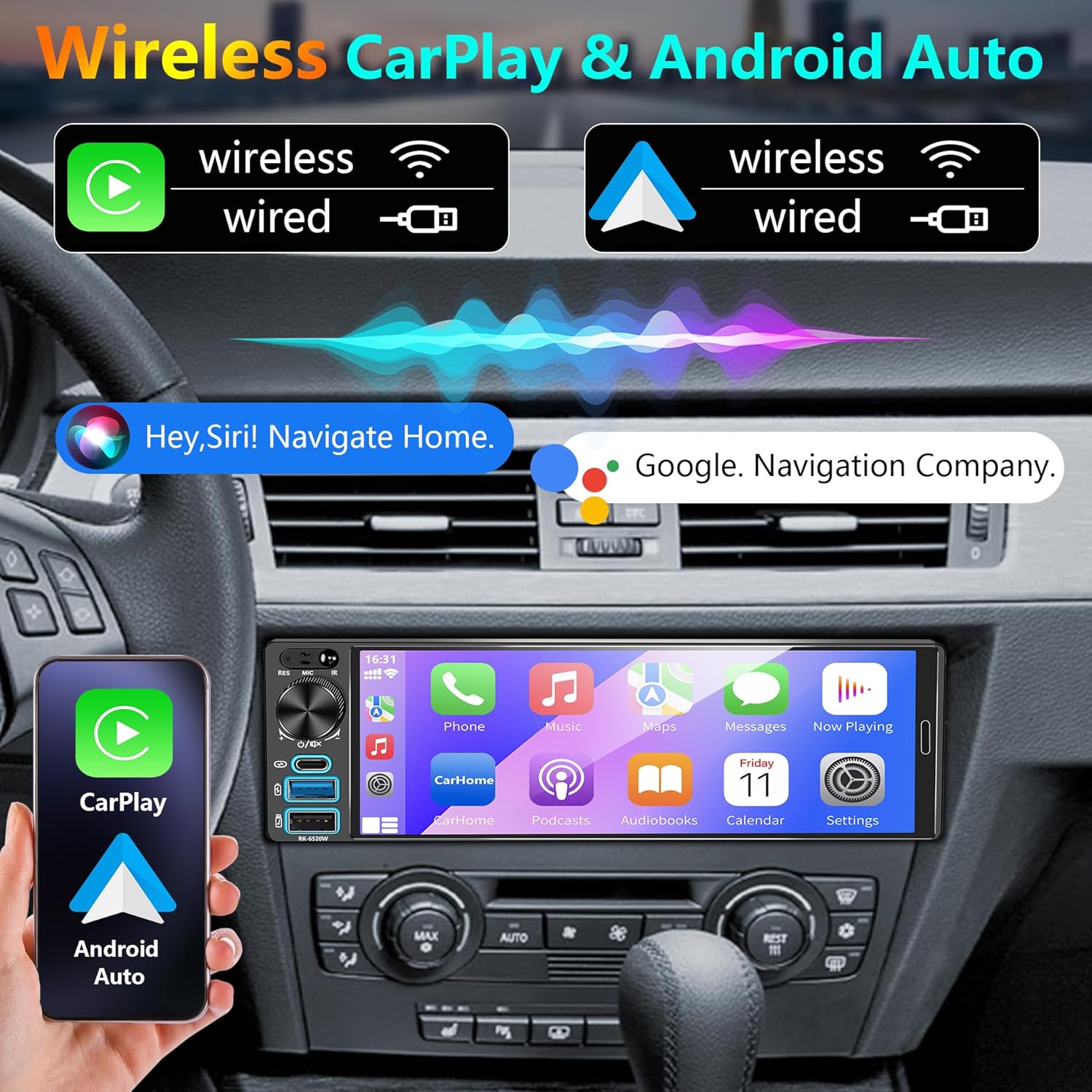 REAKOSOUND 6520-B Car Stereo with Wireless Apple CarPlay and Android Auto interface displayed