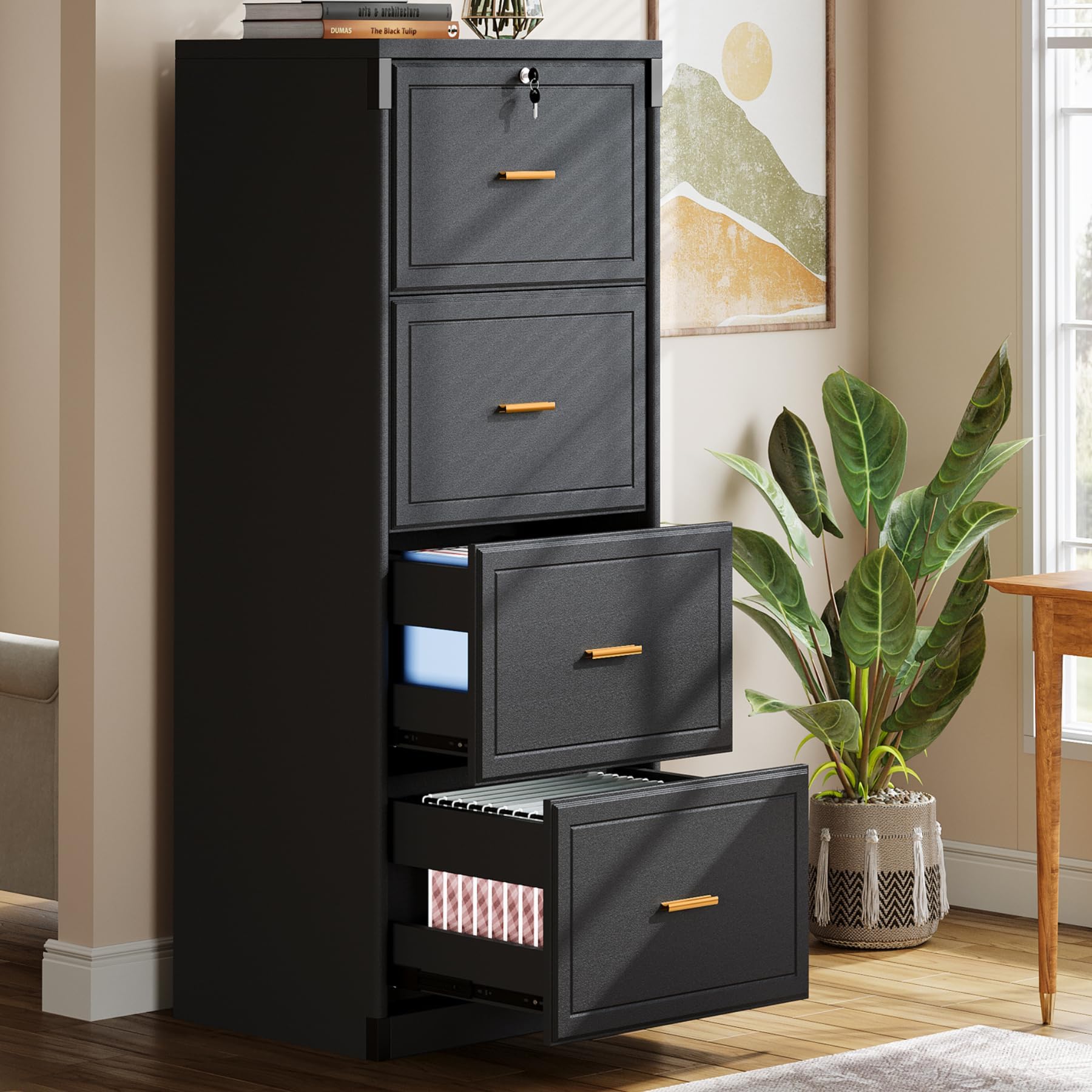 Photo 1 of **partial set** Tribesigns 4-Drawer File Cabinet with Lock, Locked File Cabinet with Key, Tall Wooden Filing Cabinets for Home Office, Vertical Office Storage for Legal Size/Letter/A4/Files, Black