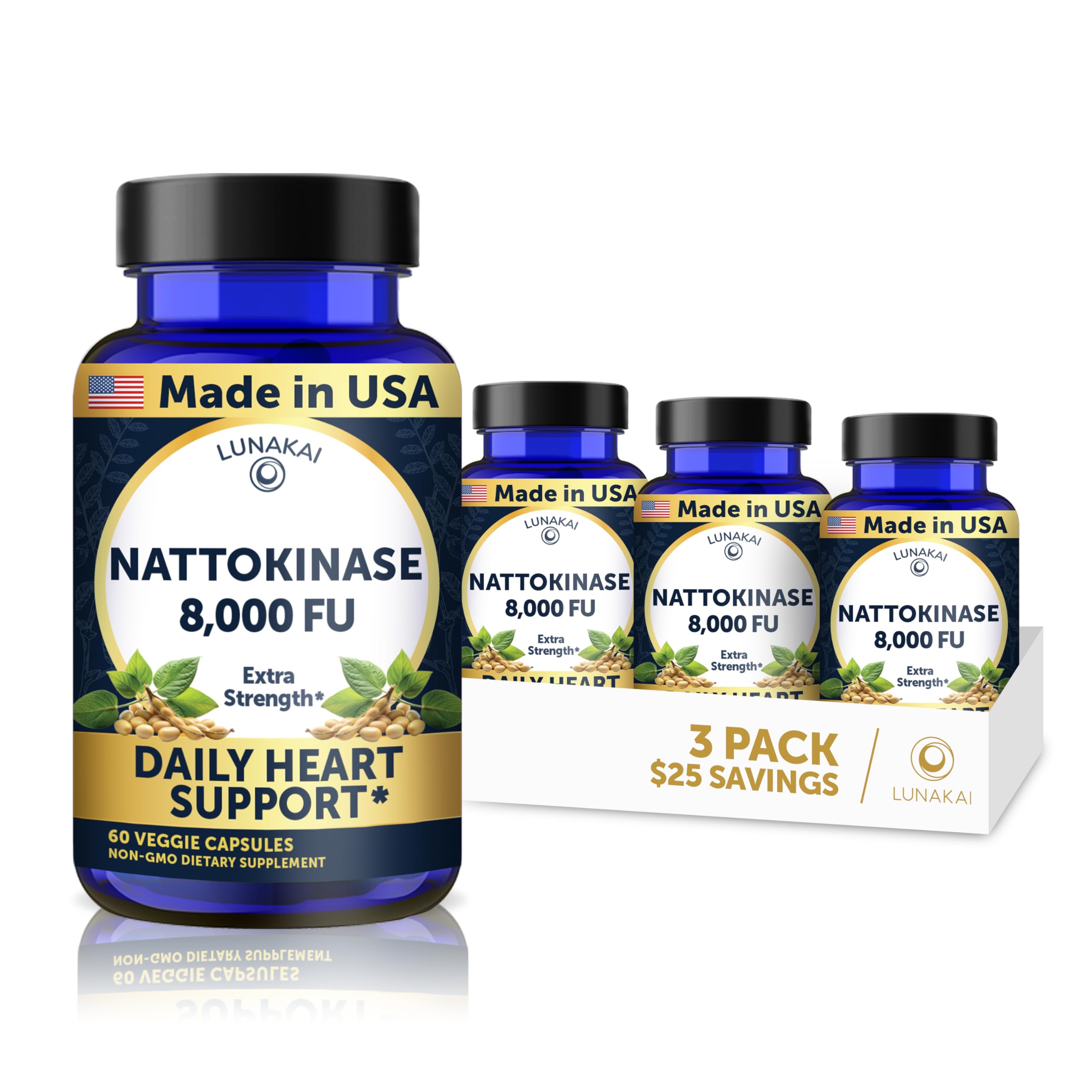 Lunakai USA Made Nattokinase Supplement – 400mg Natto Enzyme, 180ct 60 Count (Pack of 3) Nattokinase Capsules