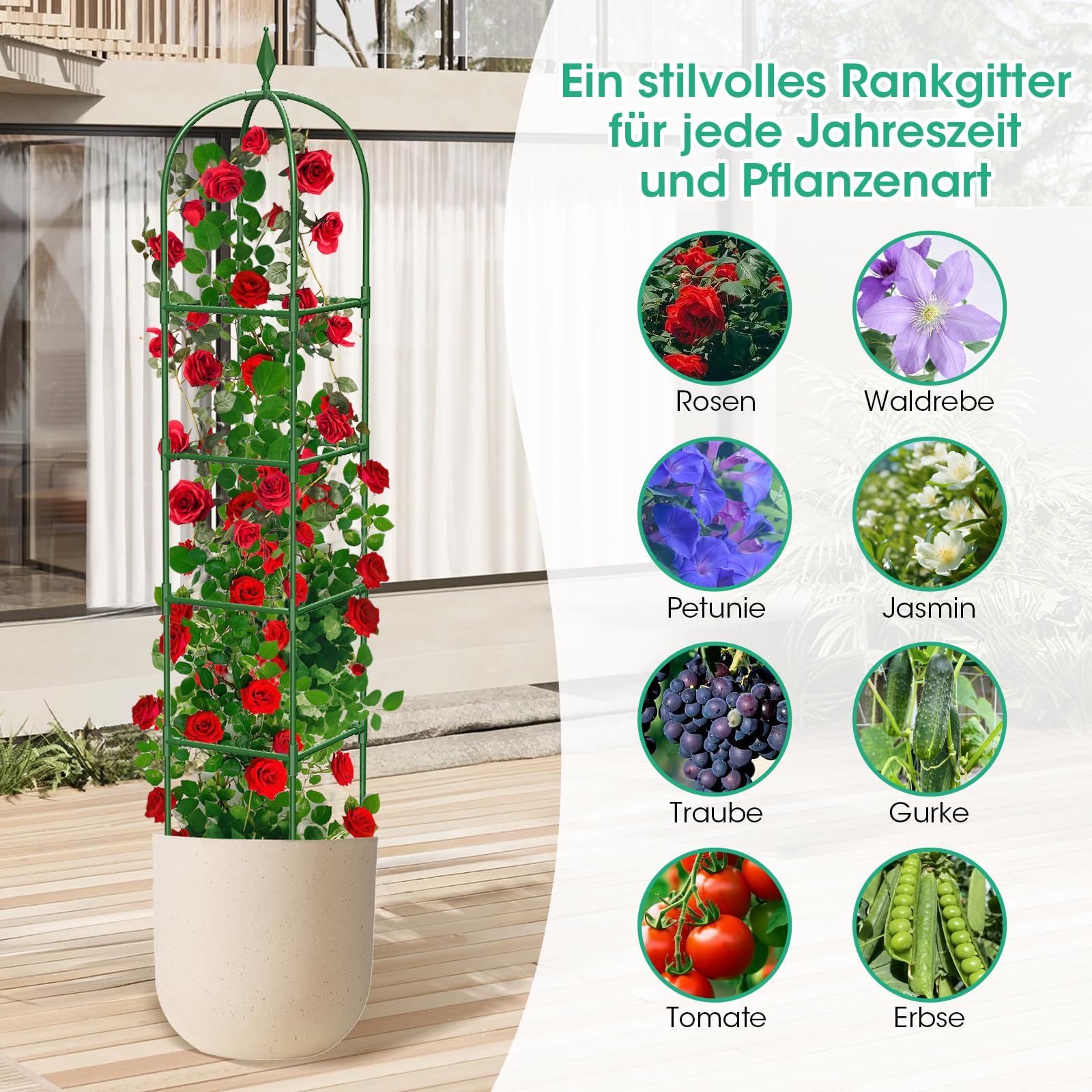 2er Set Garten Obelisk Rankgitter, 180 cm Rankhilfe Zimmerpflanzen, Pflanzturm Rostschutz Pulverbeschichtung, Rankhilfe Obelisk für Rosen Clematis Kletterpflanzen, Innen & Außen, Grün (4 Schichten)