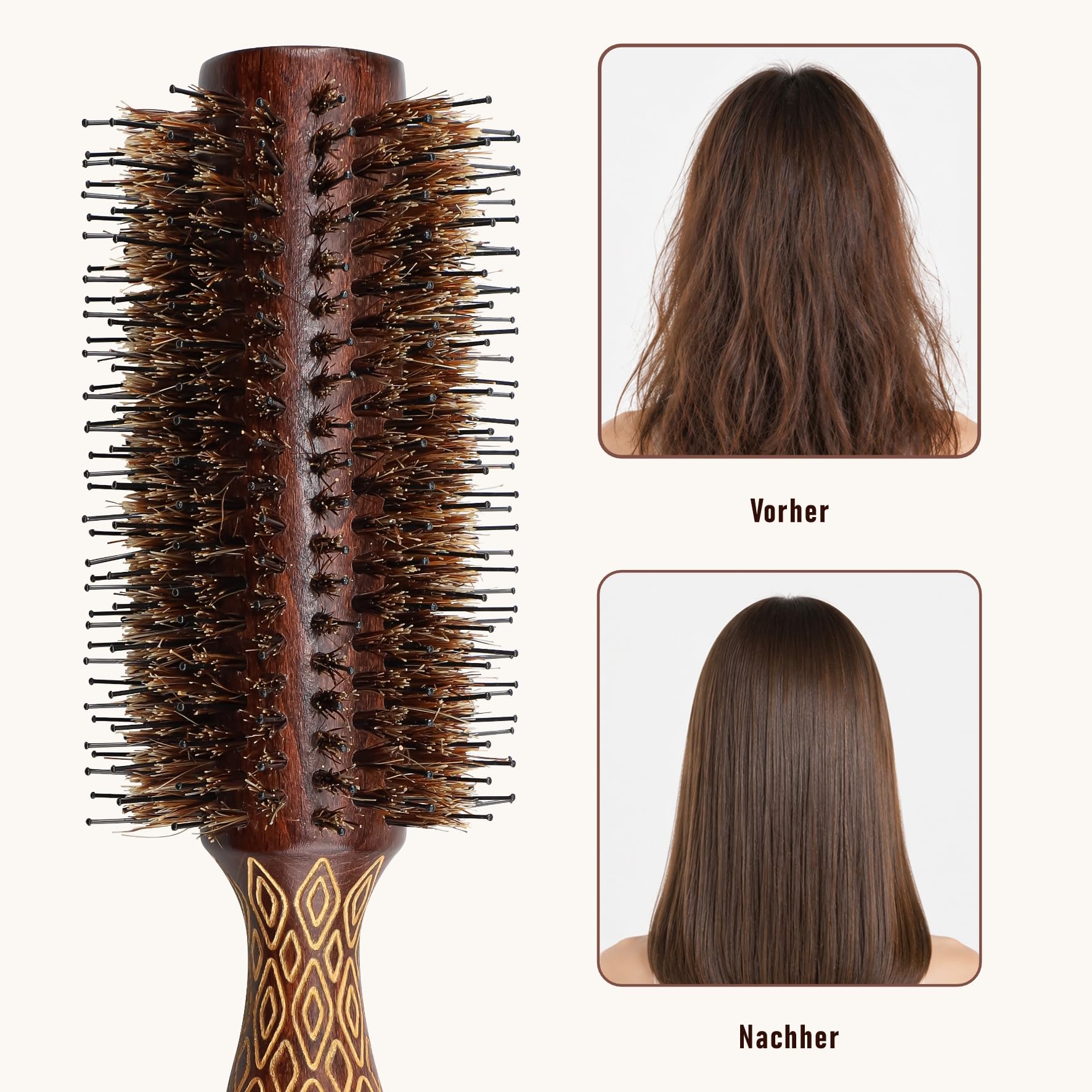 EAGLE FORTRESS Spazzola rotonda per asciugacapelli con setole di cinghiale e setole in nylon, spazzola per capelli, per volume, lisciare, arricciare e lucidare, manico in legno, per uomo e donna