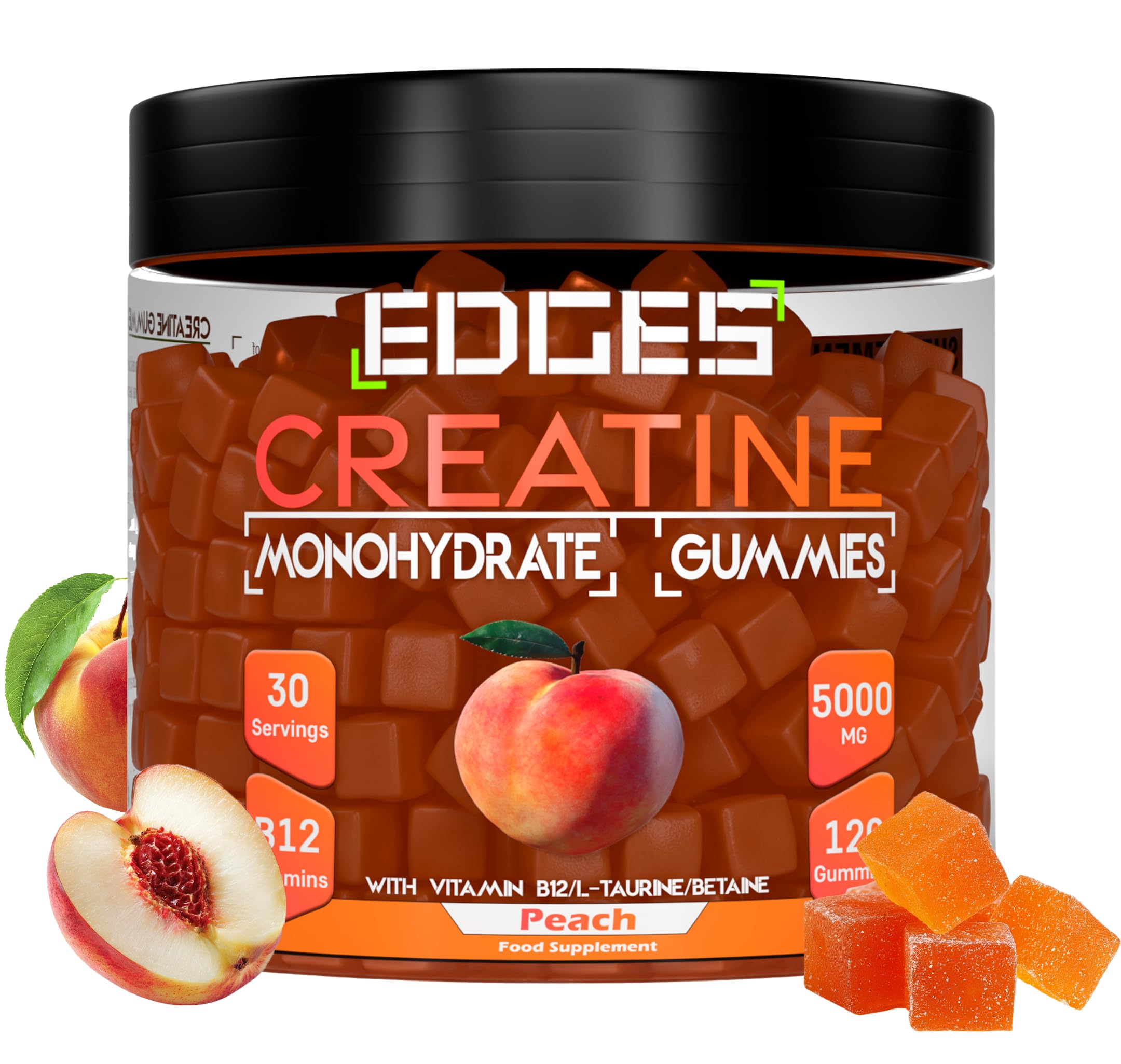 EdgesCreatine Gummies 5000mg – Creatine Monohydrate with Alpha GPC, B12, L-Taurine, & Betaine – 120 Gummies for Men & Women – Muscle Growth, Strength & Recovery – Peach Flavour