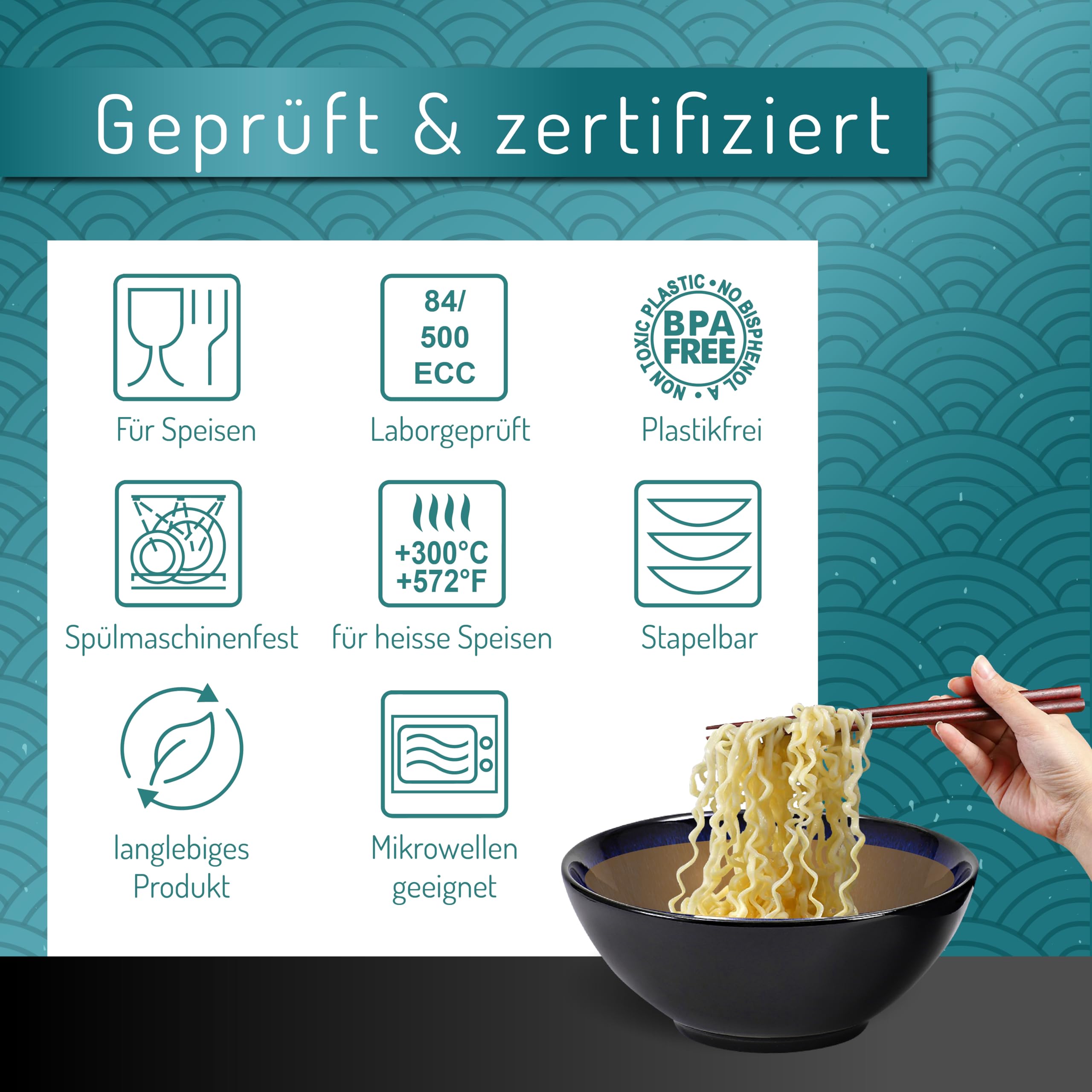 Ramen Ciotola in ceramica, 20 cm, blu, 1000 ml, ciotola per insalata, zuppa, ciotola per pasta, ciotola per cereali, zuppa Pho