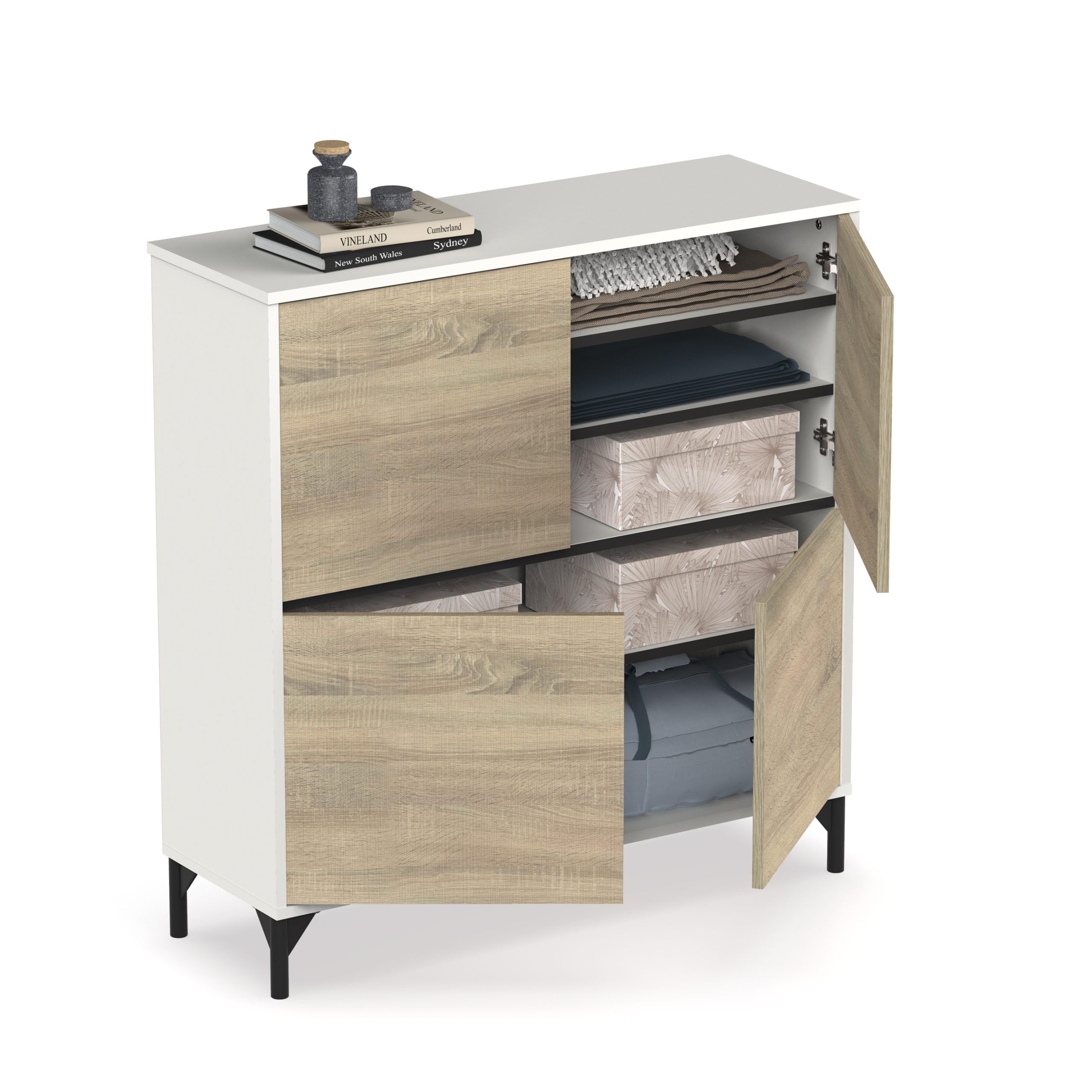 MUEBLES PITARCH | Recibidor Zapatero Mueble Auxiliar para Entrada con Patas, 4 Puertas, Blanco y Roble Cambrian, 20 Pares de Zapatos, Tallas Grandes, 101x96,5x33cm, Moderno, Industrial, Modelo Kioto
