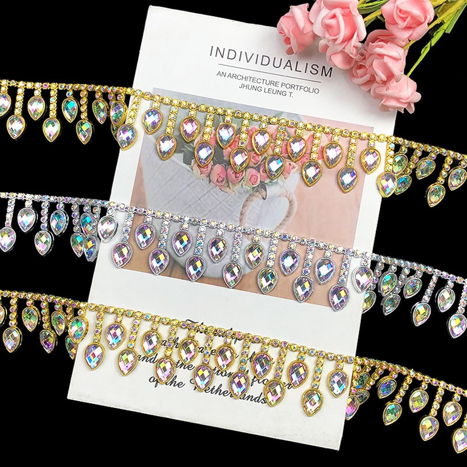 5 Yards 37mm Gold AB Color Rhinestone Trim Lace Ribbon Gold Silver Water Drop Chain for Bridal Embellishments for Wedding Sewing Crafts DIY Decoration A09 (Gold)