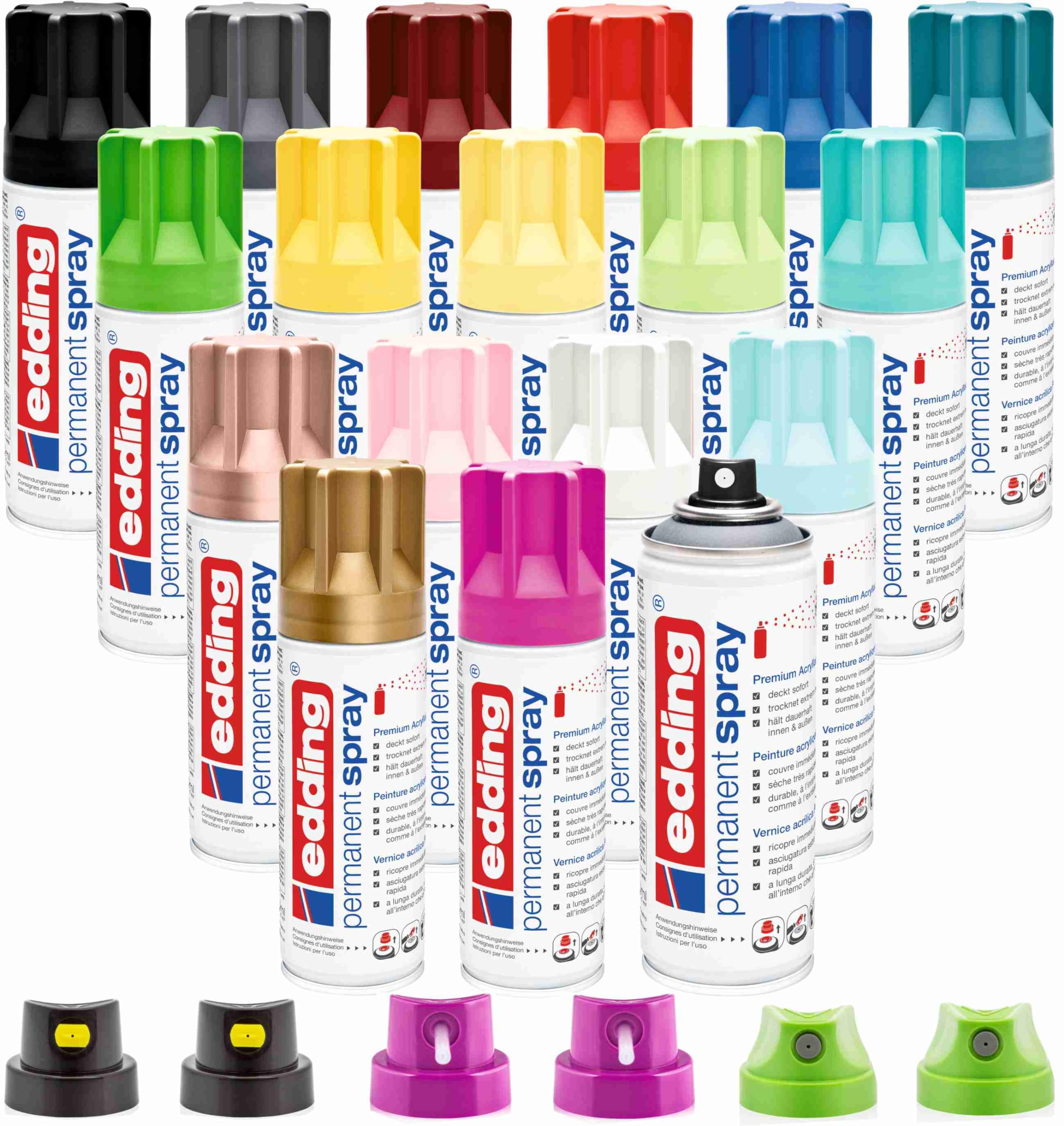 Sprühdosen Set Edding 18 Knaller Farben Premium Spray - matt - Sprühlack für Dekor-Arbeiten + Ersatzsprühköpfe - trocknet sehr schnell, hält dauerhaft