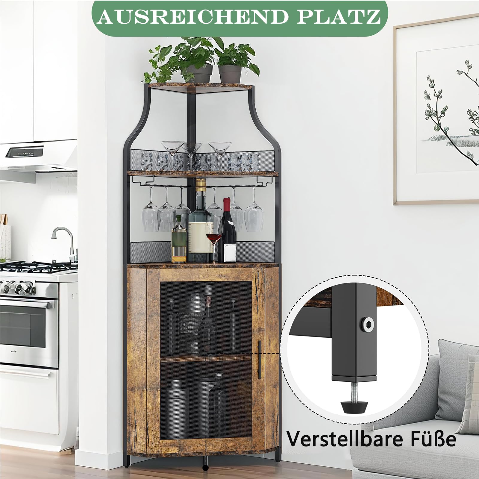 Litake Eckbar-Kommode, Flaschenregal Mit Verstellbaren Regalen, 5-Schichten Landhausweinkommode Mit Verschließbarem Tür Und Verstellbaren Füßen Für Esszimmer, Wohnzimmer, Küche, Rustikaler Braun
